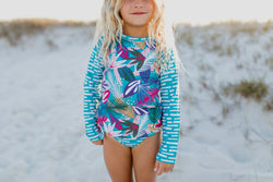 Long Sleeve Teal/Fuchsia Tropical Rash Guard Swimsuit