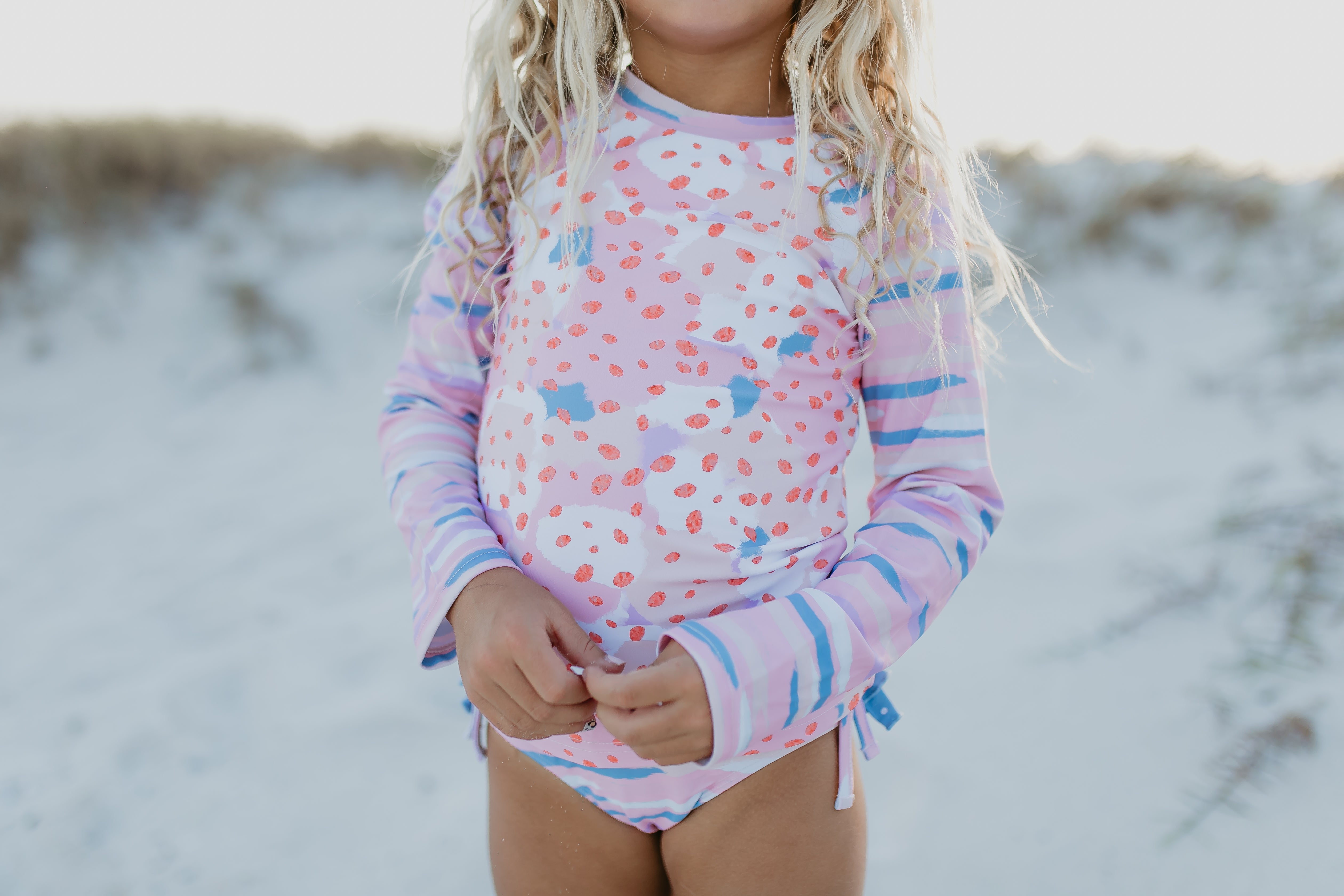 Pink Blue Abstract Long Sleeve Rash Guard Swimsuit