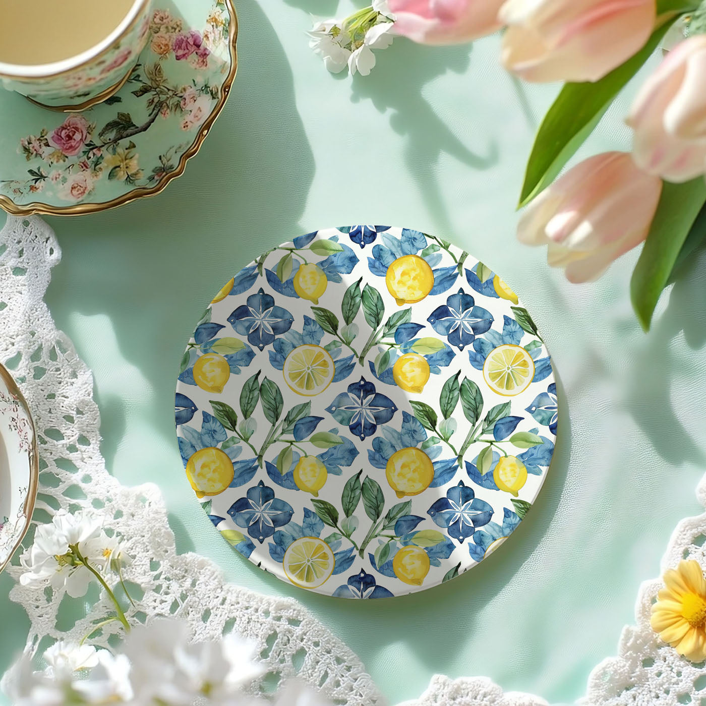 Kitchen counter styling with Mediterranean tile coasters
Outdoor entertaining with lemon design drink coasters
Coffee table styling with Mediterranean inspired coasters