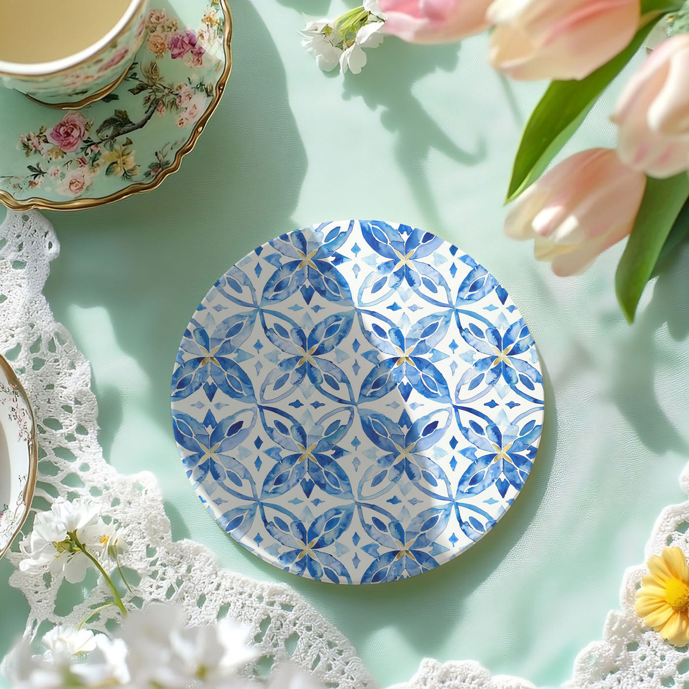 Luxury coastal coaster set combining Italian lemon and Greek tile designs
Set of 6 Mediterranean style coasters by Gia Roma, microwave and dishwasher safe