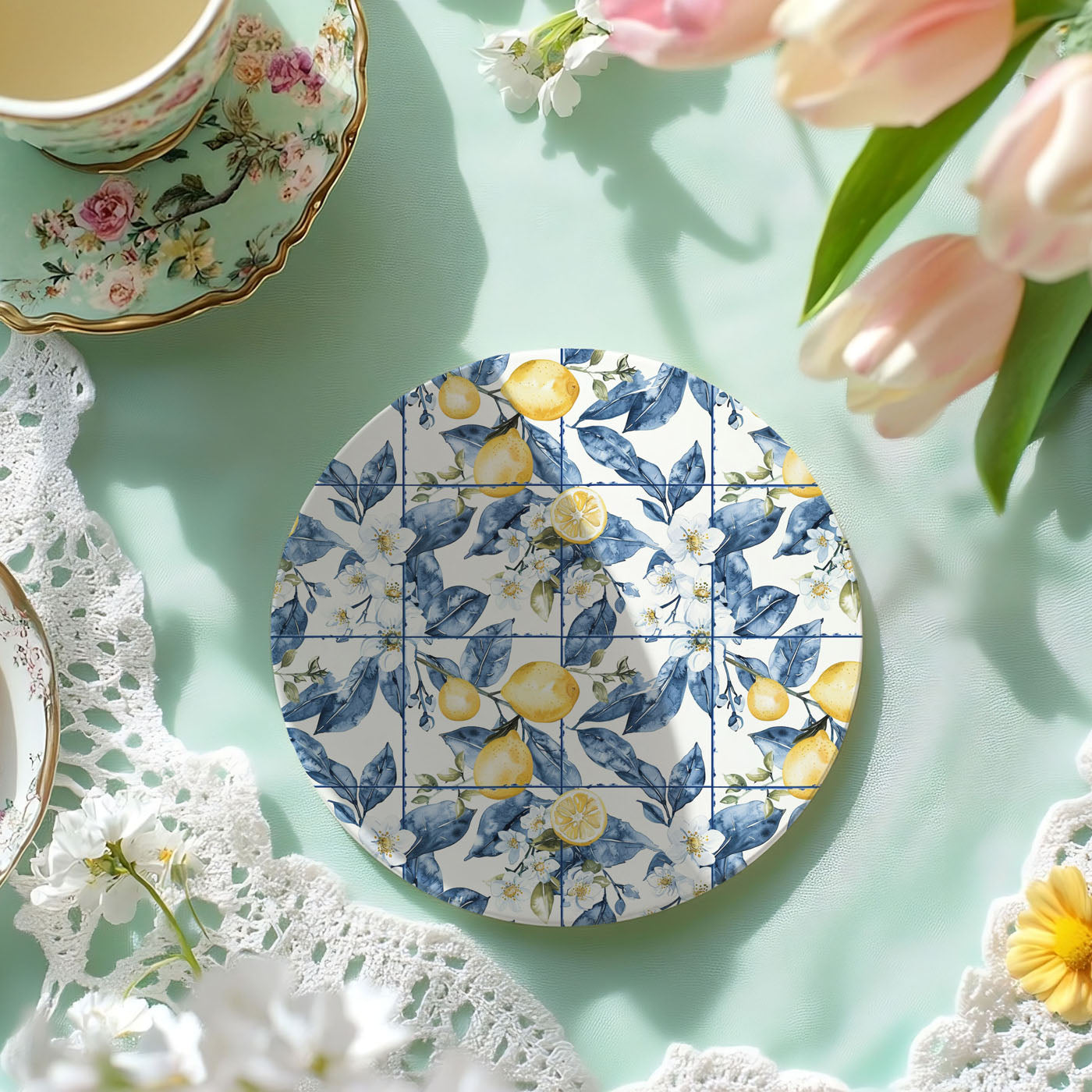 Amalfi coast inspired table decor featuring ceramic coasters
Luxury coastal home accessories with Gia Roma coasters
4-inch premium ceramic coasters with protective cork backing