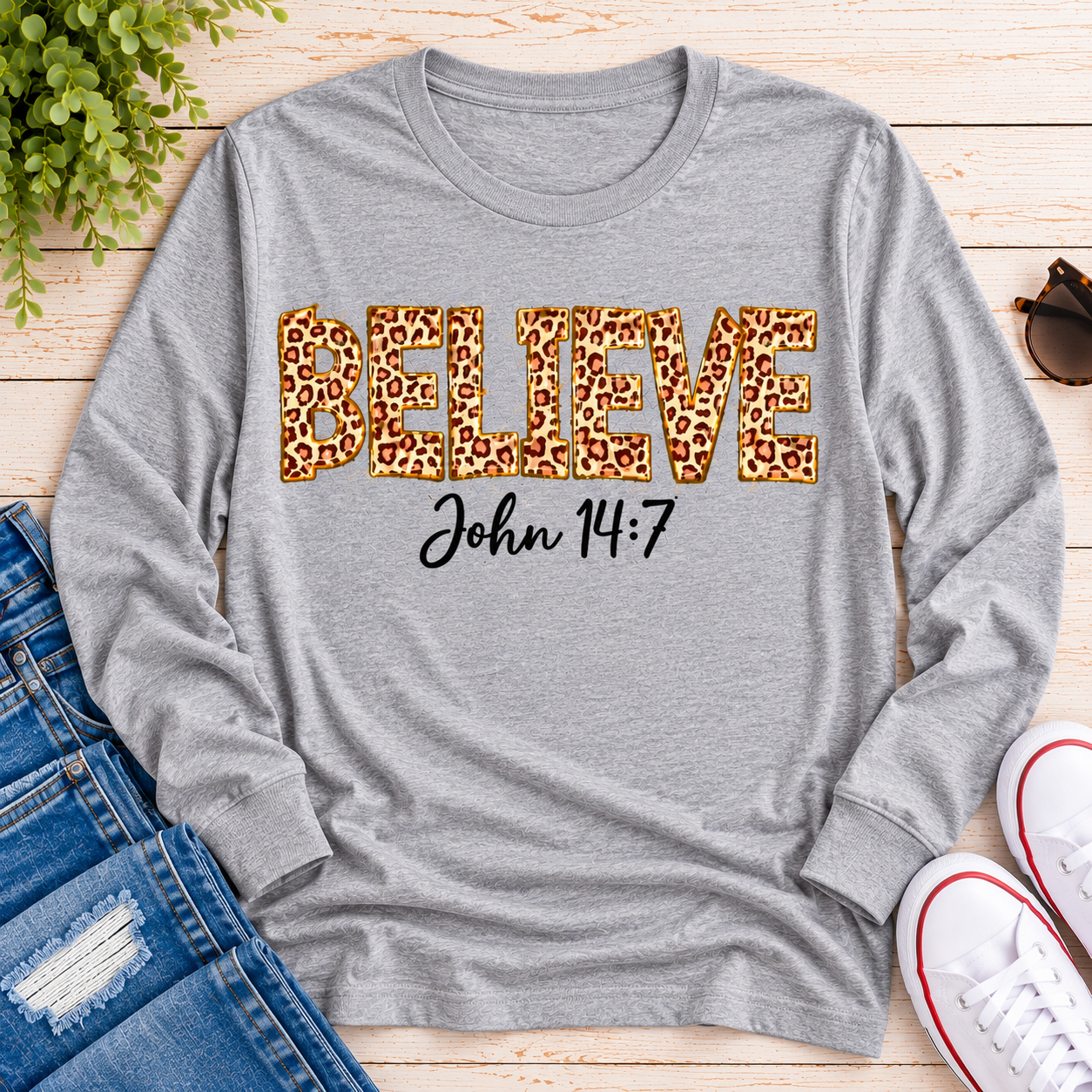 Believe John 14:7  leopard print Christian graphic shirt available in short sleeve crewneck, V-neck, long sleeve and hoodie styles.