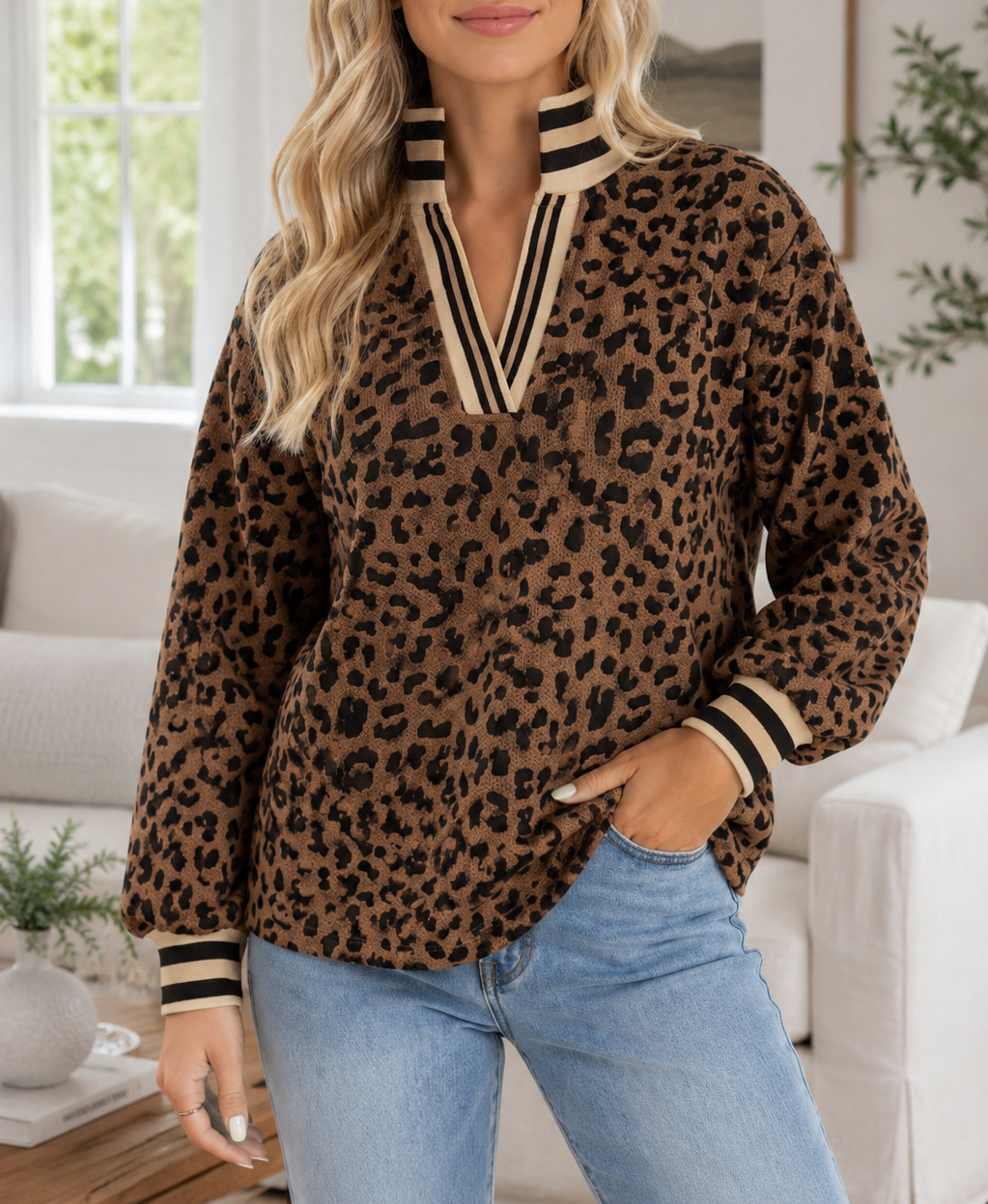 Leopard Striped Trim Pullover WTW
