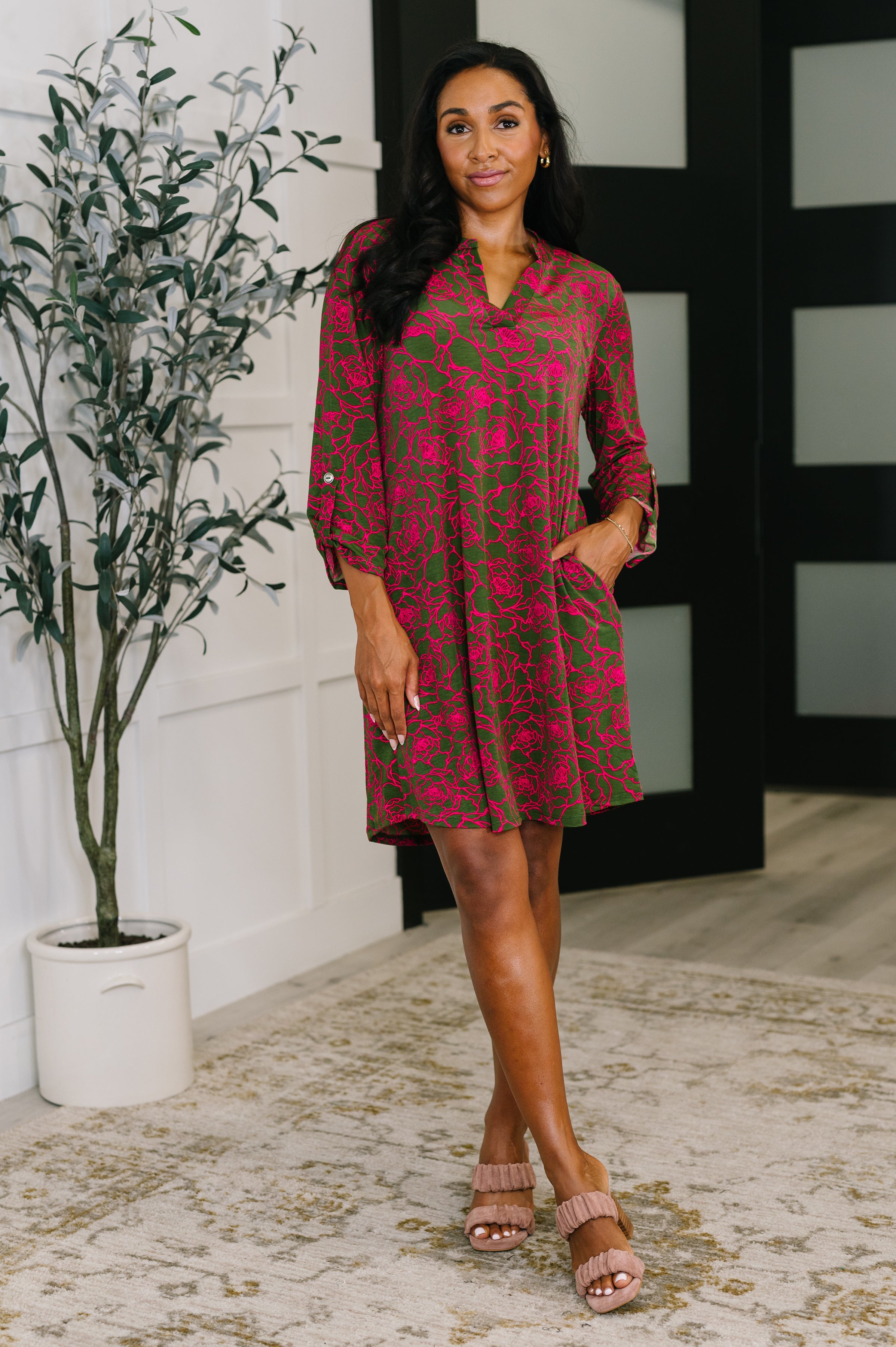 Lizzy Long Sleeve Dress in Pink and Olive Abstract Floral