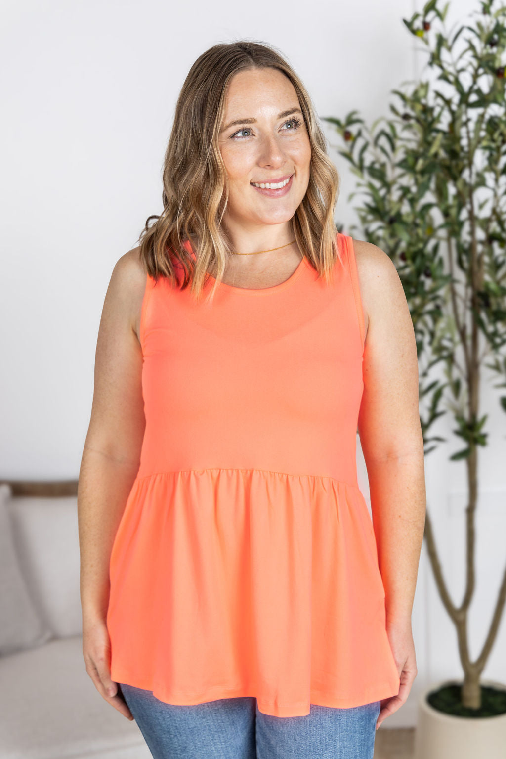 Renee Ruffle Tank - Neon Coral