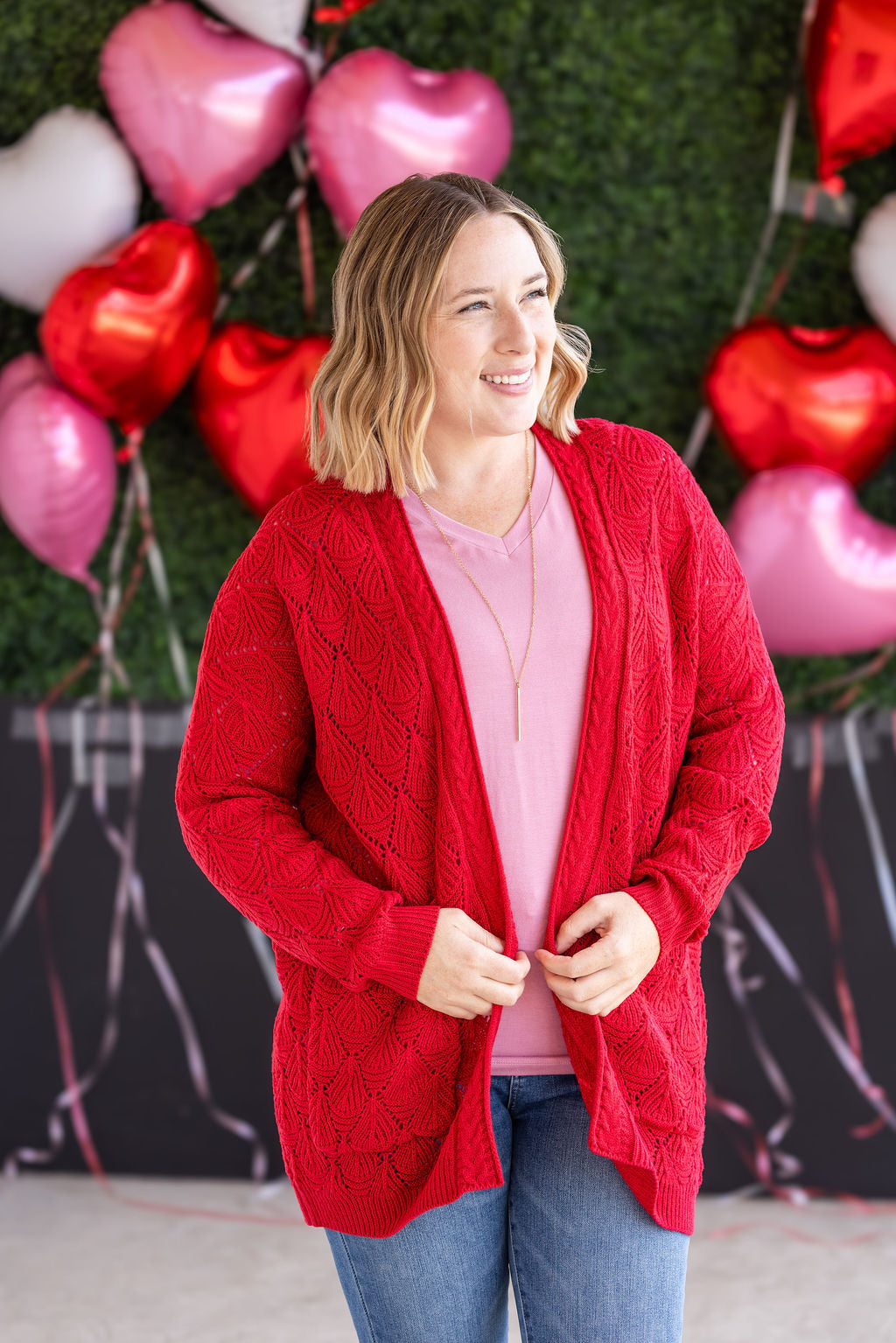 Open Knit Cardigan - Red