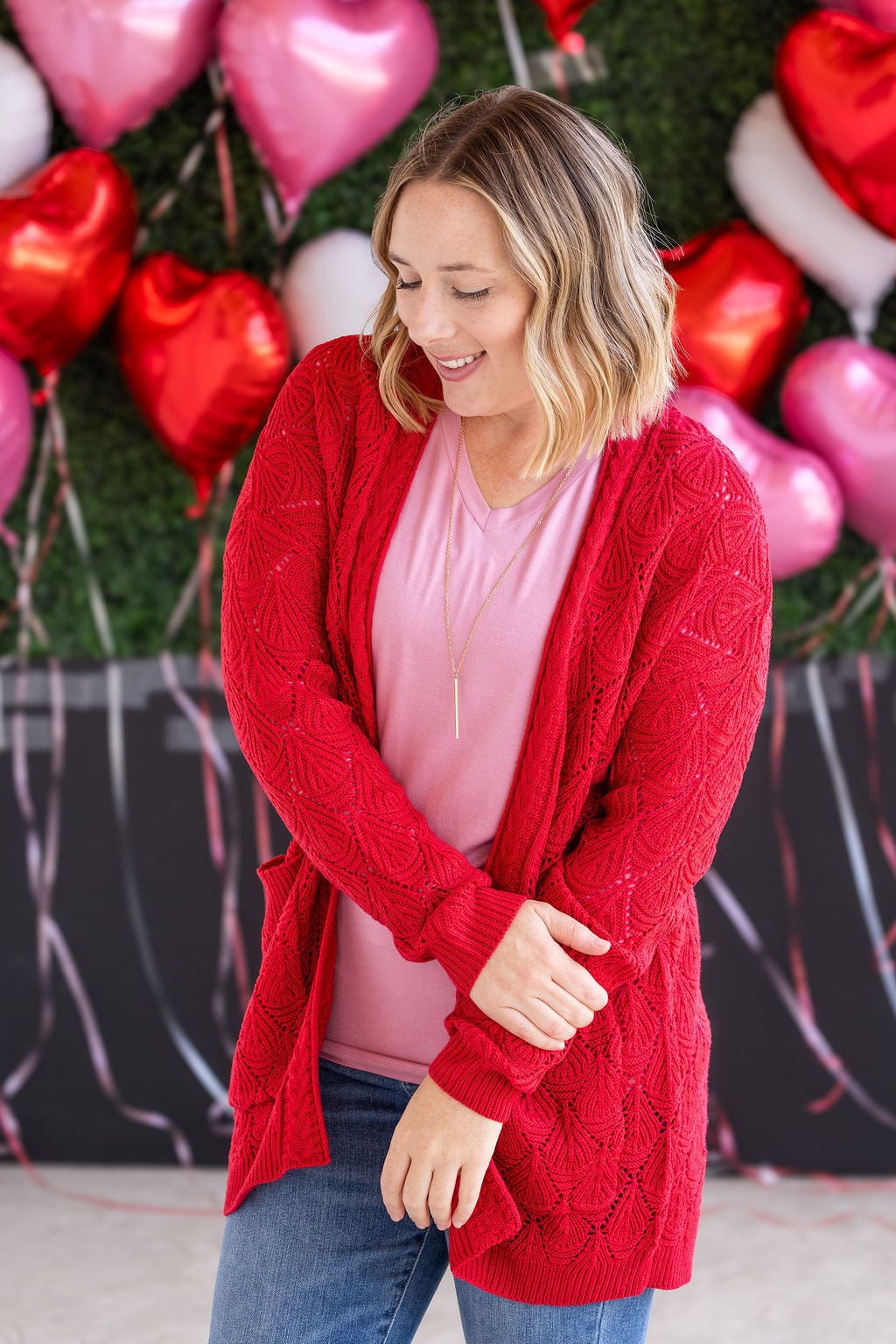 Open Knit Cardigan - Red