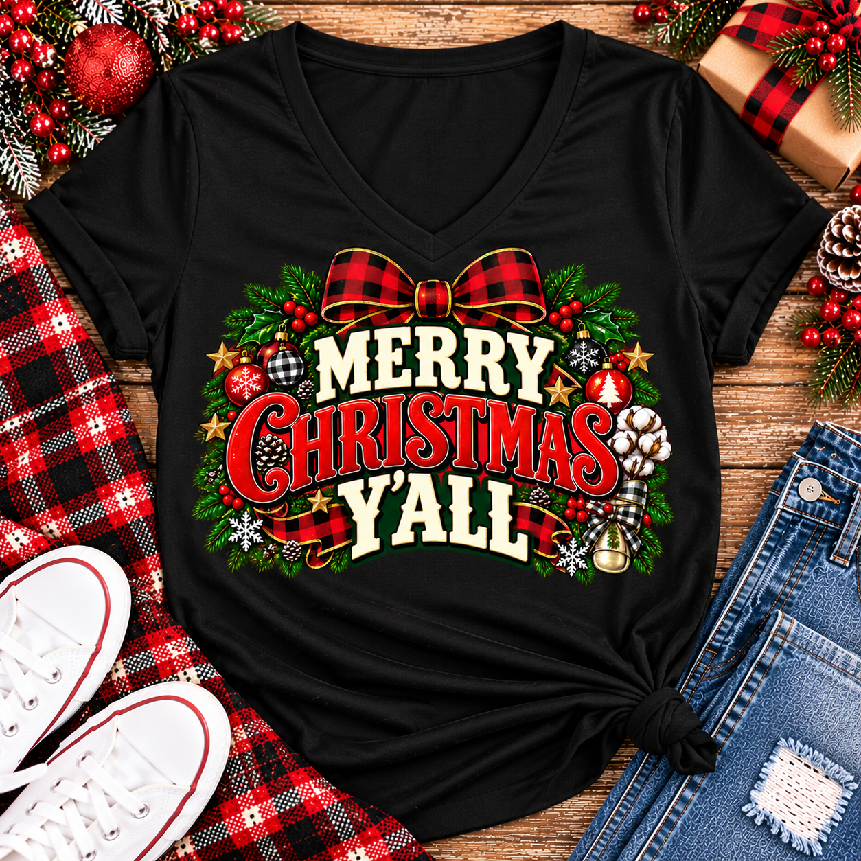Merry Christmas Y'all graphic apparel featuring vintage red, green, and cream lettering with a festive buffalo plaid bow, Christmas ornaments, pine greenery, and rustic holiday decorations. Southern Christmas graphic available in two colors and four styles, including short sleeve crewneck, V-neck, long sleeve, and hoodie.