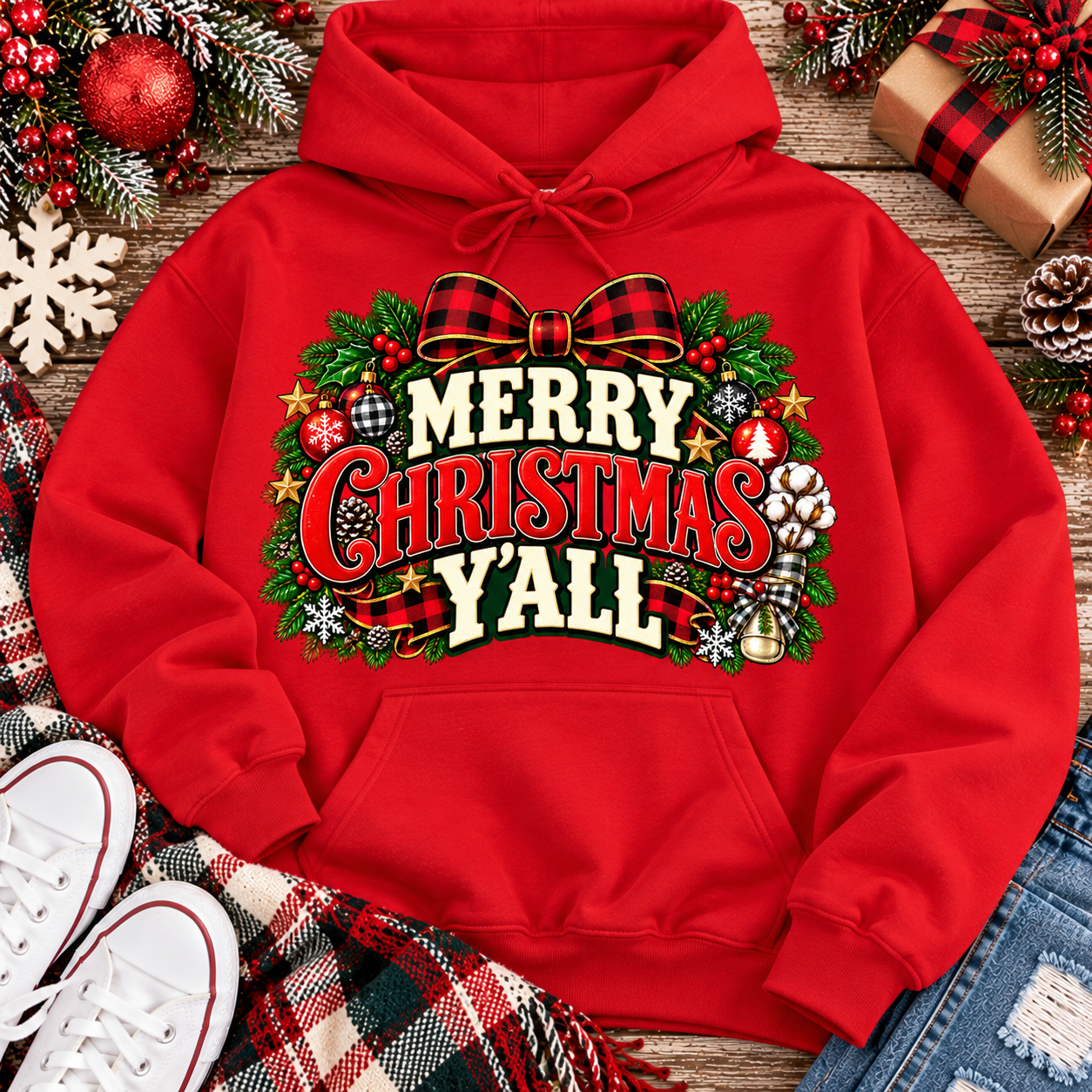 Merry Christmas Y'all graphic apparel featuring vintage red, green, and cream lettering with a festive buffalo plaid bow, Christmas ornaments, pine greenery, and rustic holiday decorations. Southern Christmas graphic available in two colors and four styles, including short sleeve crewneck, V-neck, long sleeve, and hoodie.