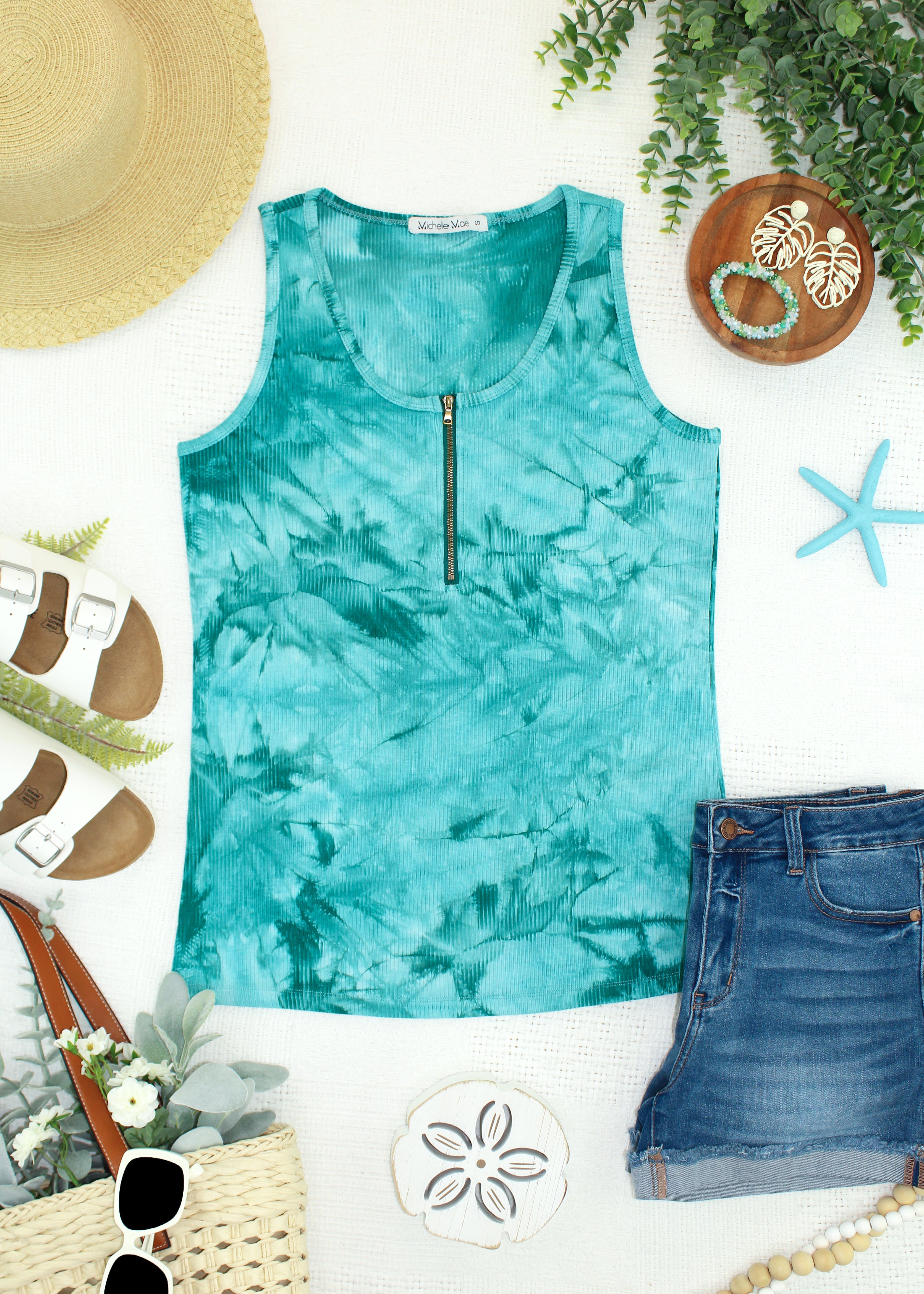 Mila Zipper Tank - Teal Tie Dye