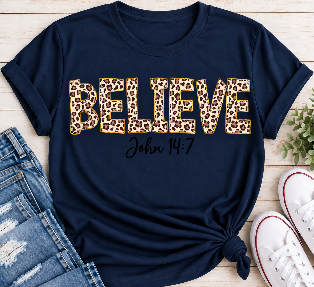 Believe John 14:7  leopard print Christian graphic shirt available in short sleeve crewneck, V-neck, long sleeve and hoodie styles.