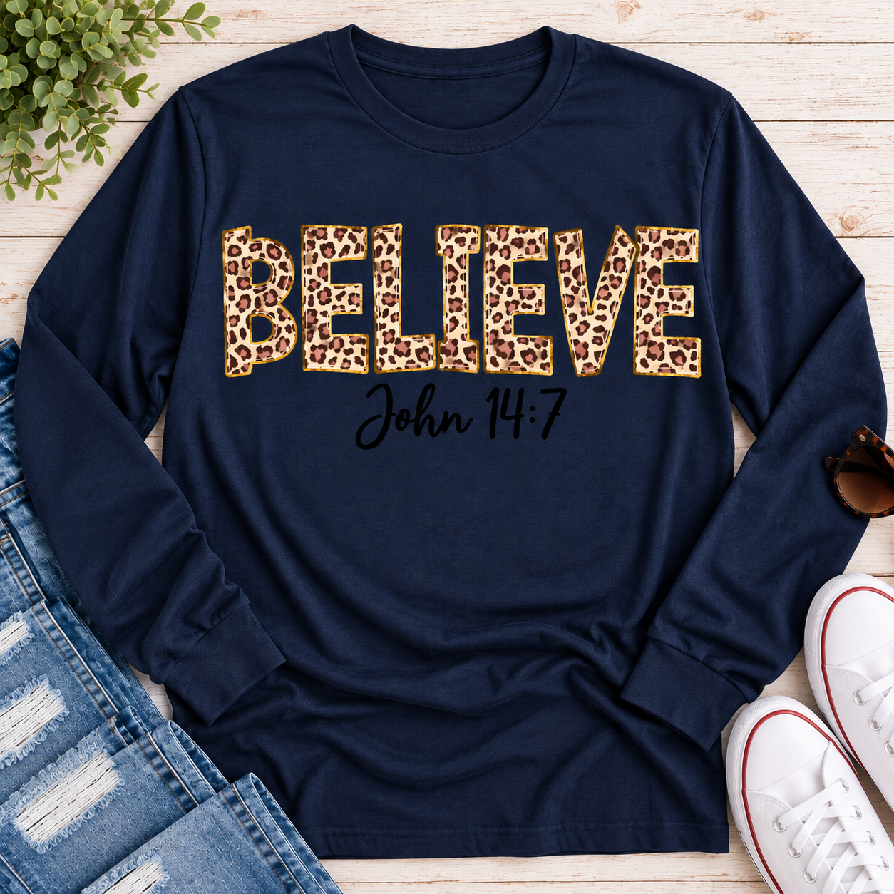 Believe John 14:7  leopard print Christian graphic shirt available in short sleeve crewneck, V-neck, long sleeve and hoodie styles.