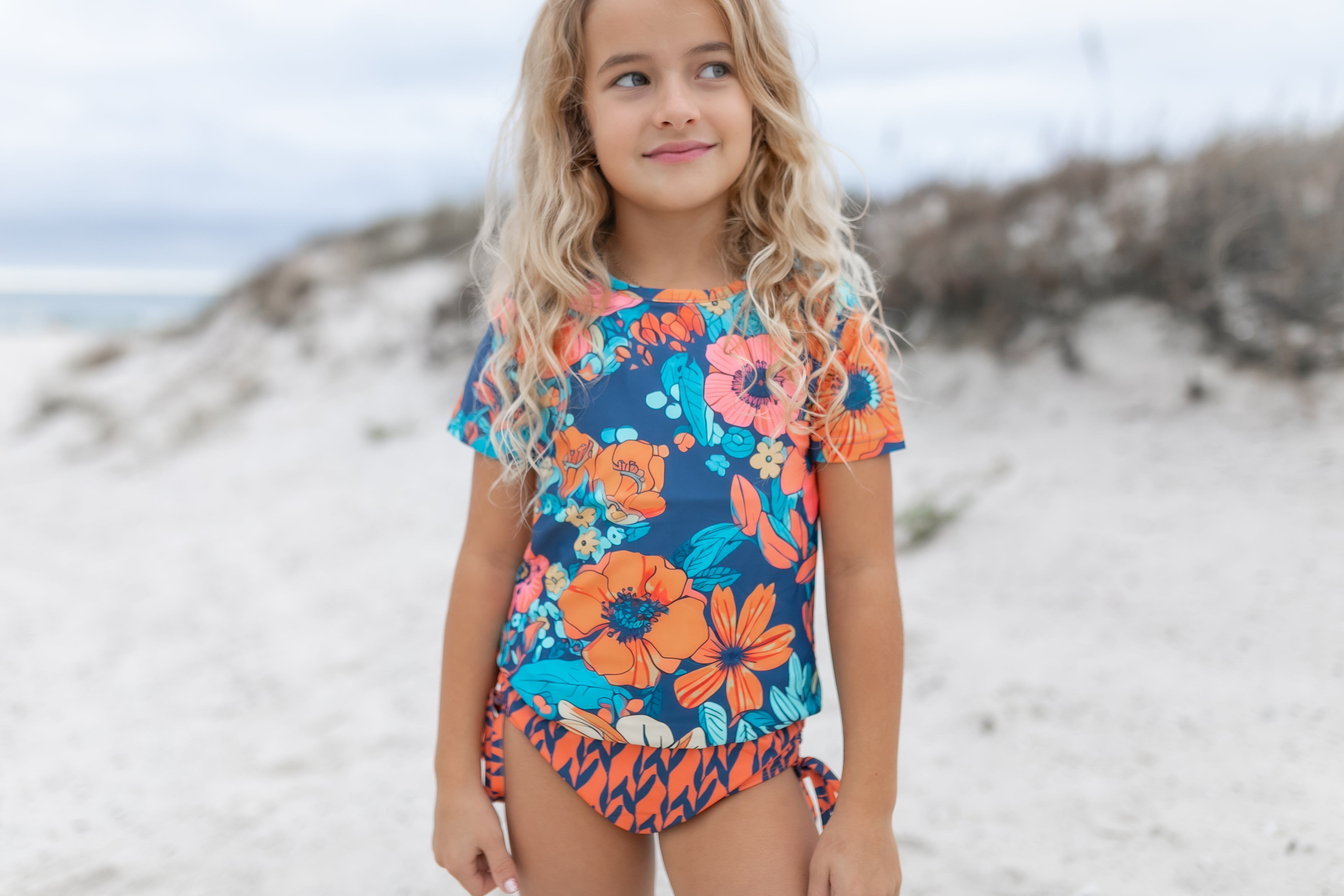 Navy Orange Rash Guard Swimsuit