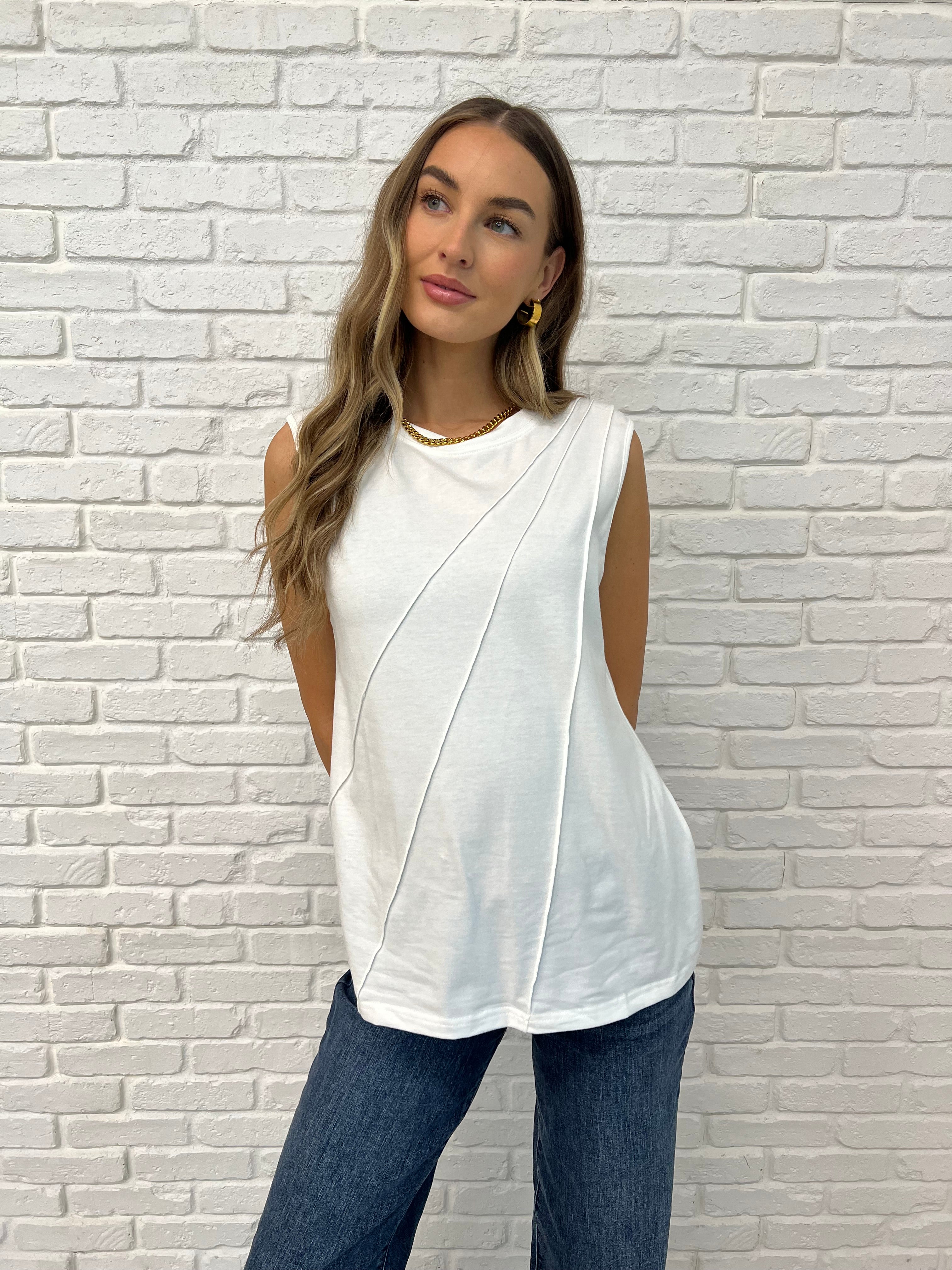 New Normal Pleat Detail Sleeveless Top in White