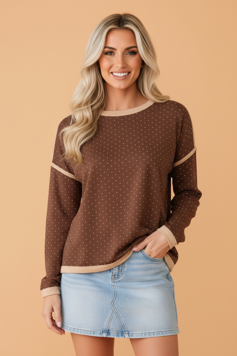 Polka Dot Contrast Trim Long Sleeve Top