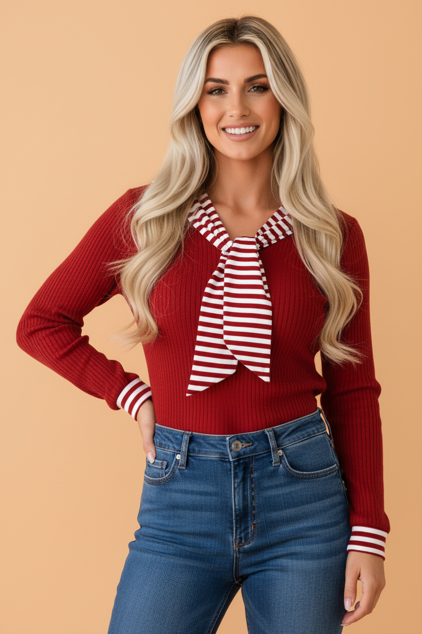 Stripe Contrast Tie Neck Cuffed Long Sleeve Top