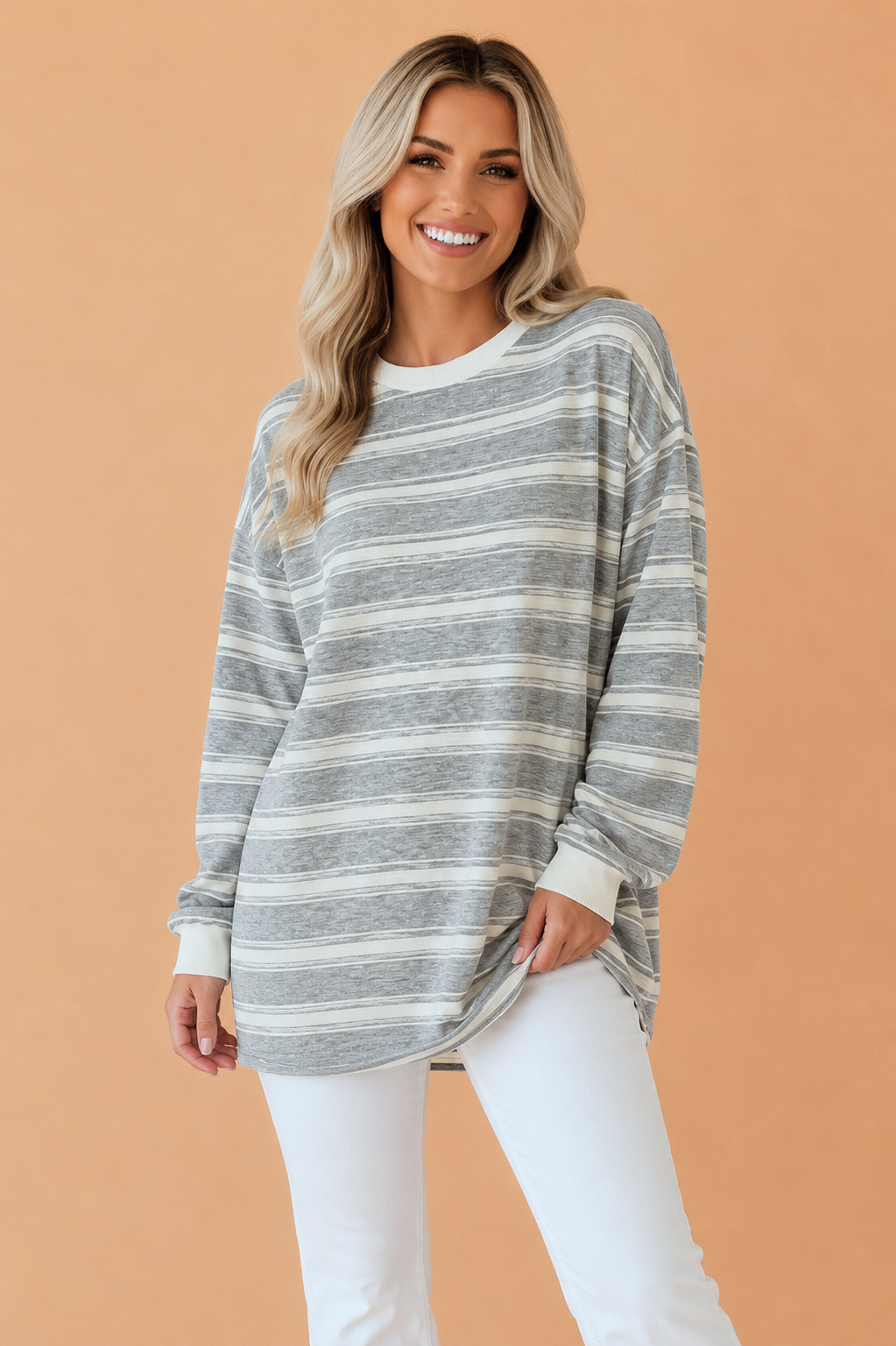 Stripe Contrast Trim Long Sleeve Tunic Top