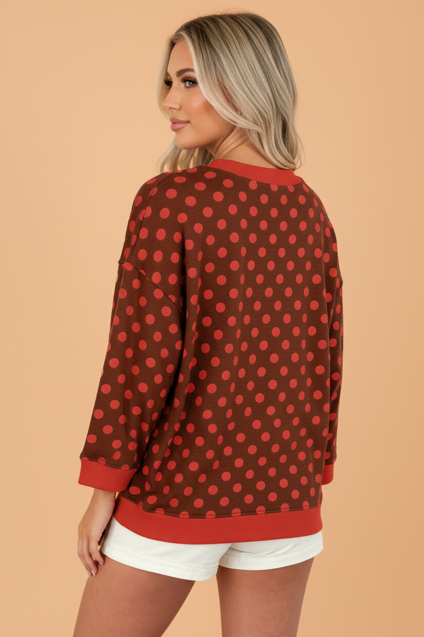 Polka Dot Contrast Trim 3/4 Sleeve Top