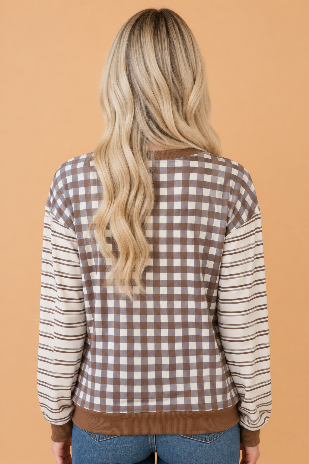Gingham Stripe Patchwork Long Sleeve Top