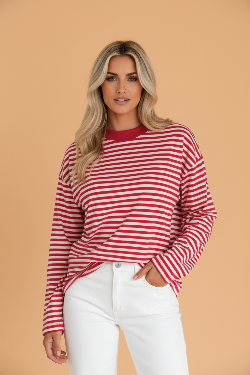 Stripe Oversized Long Sleeve Round Neck Top