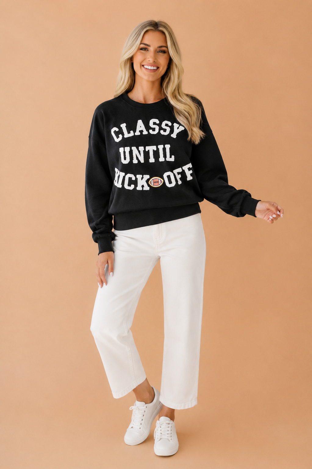 CLASSY UNTIL KICKOFF Letter Patch Loose Sweatshirt