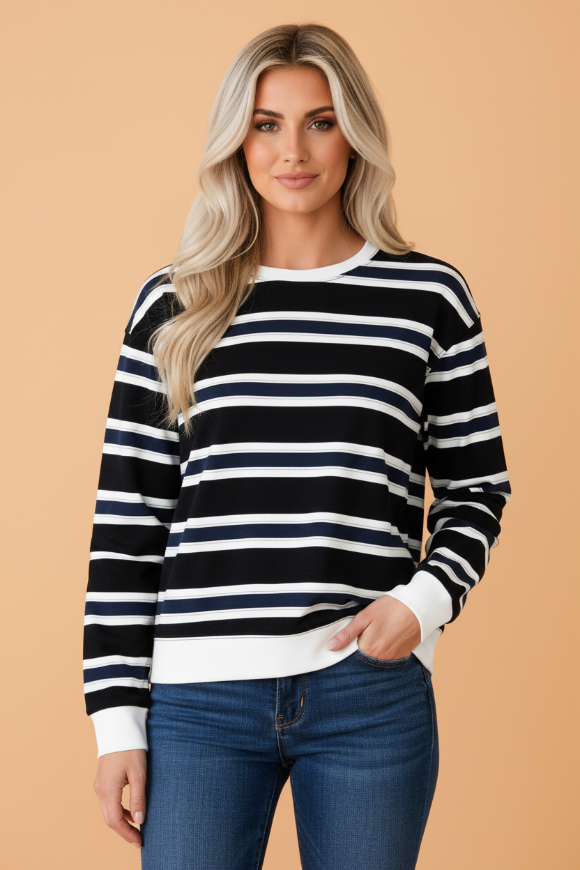 Stripe Colorblock Trim Drop Shoulder Sweatshirt