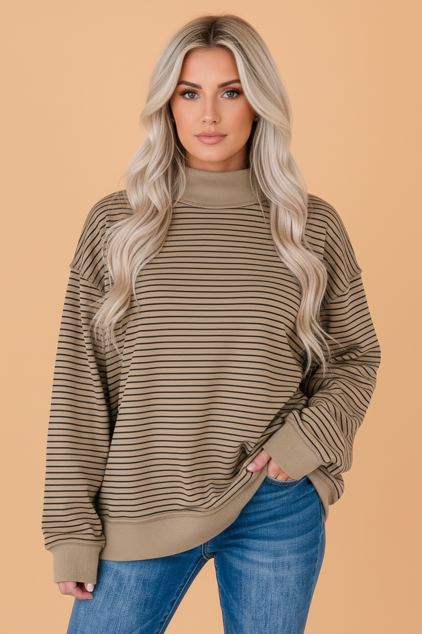 Stripe Ribbed Mock Neck Oversized Sweatshirt