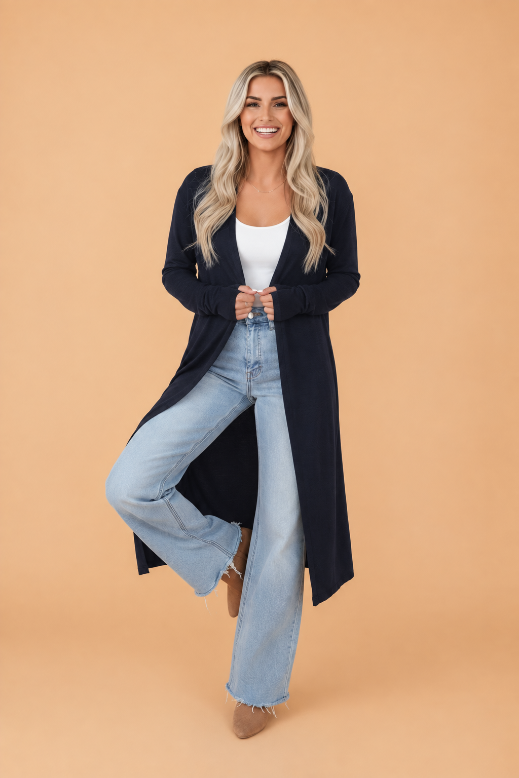Solid Long Sleeve Open Front Longline Cardigan