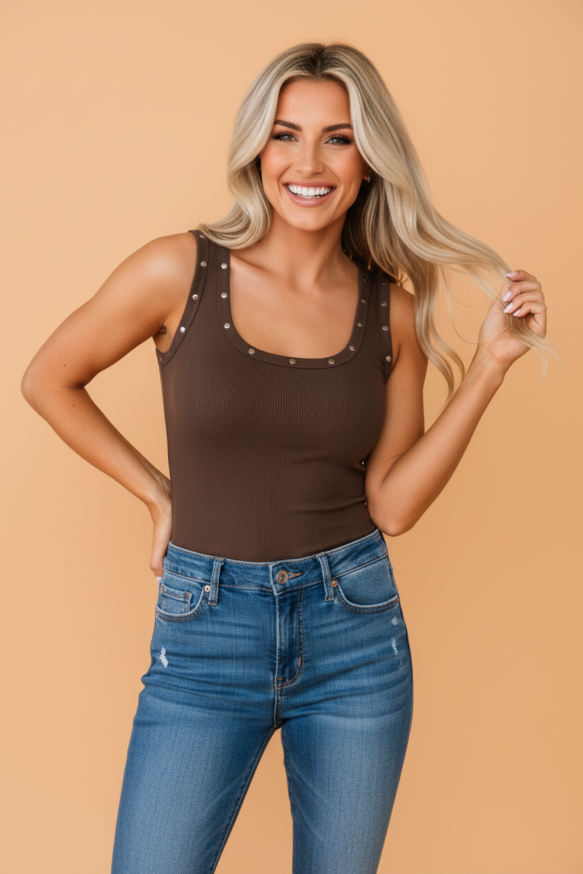 Solid Studded Scoop Neck Ribbed Tank Top