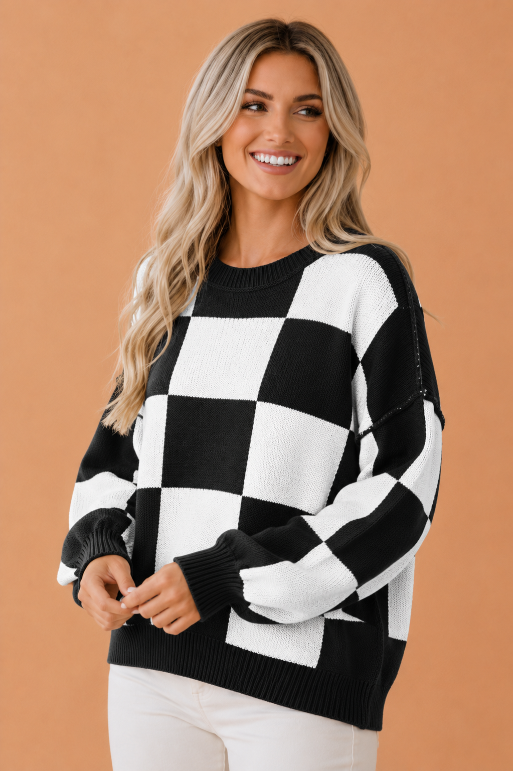 Checker Exposed Seam Drop Shoulder Long Sleeve Sweater