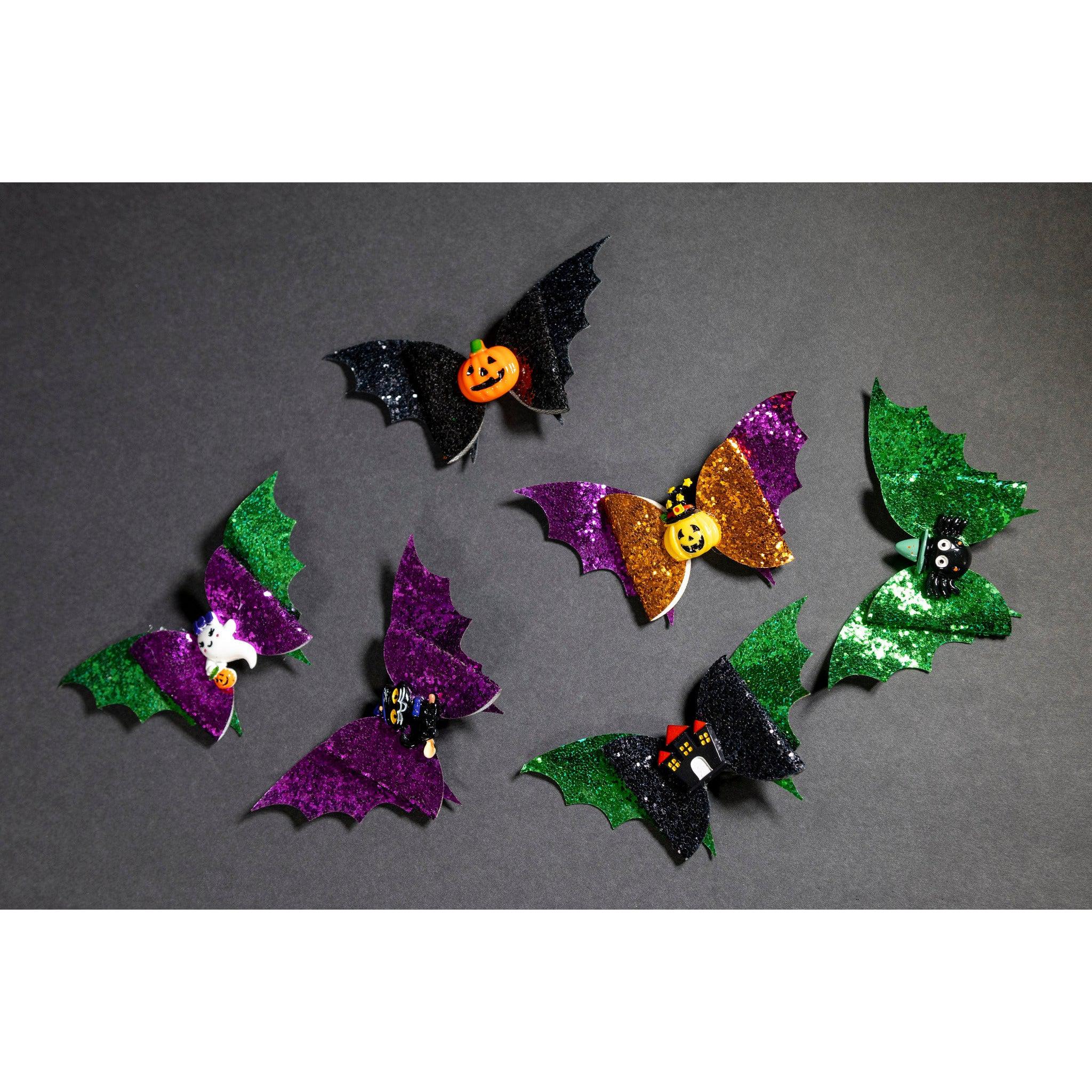 Julia Rose Halloween sequin hair bow, Sparkly Halloween hair bow close-up