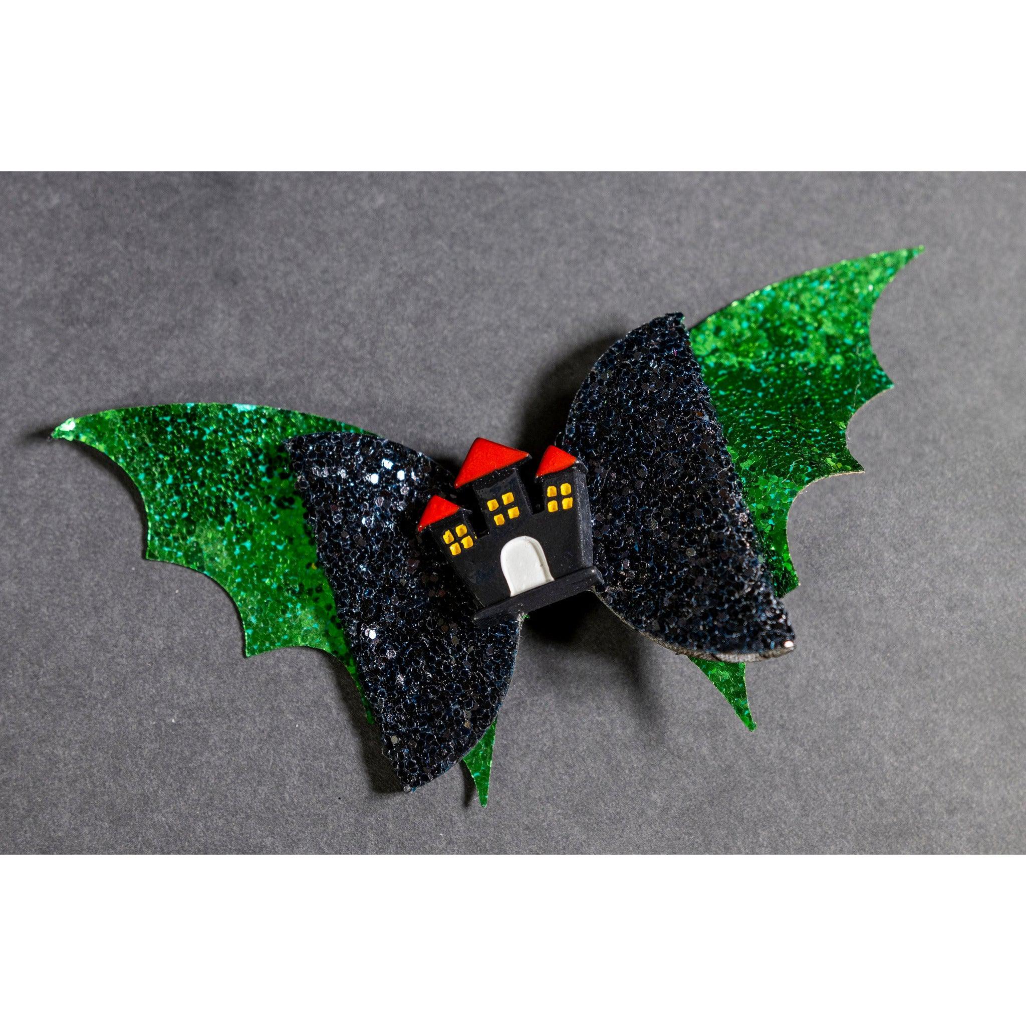 Julia Rose Halloween sequin hair bow, Sparkly Halloween hair bow close-up