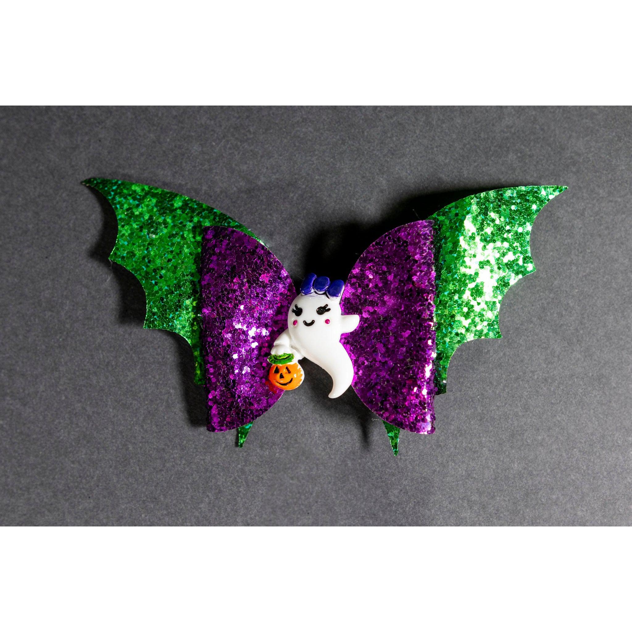 Julia Rose Halloween sequin hair bow, Sparkly Halloween hair bow close-up