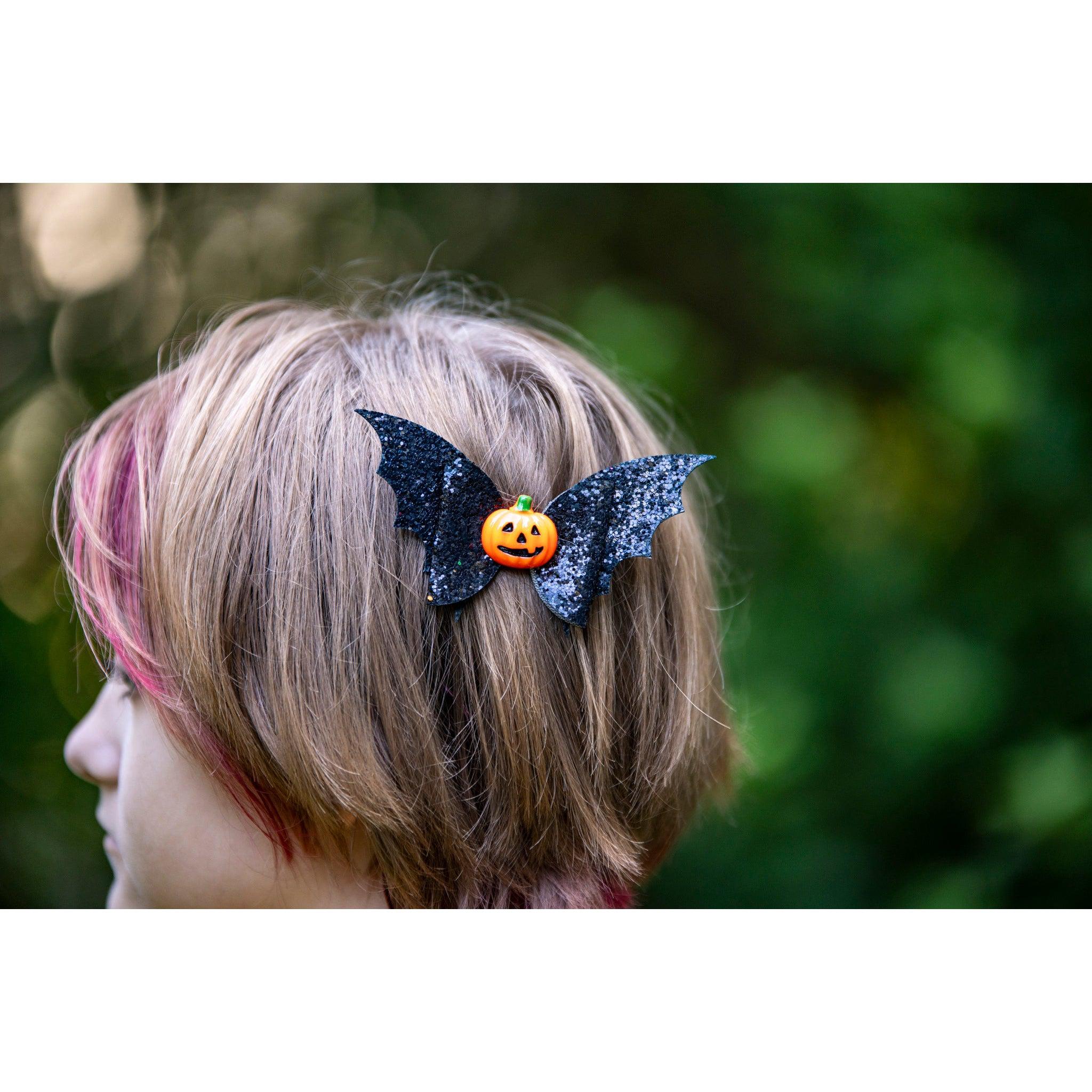 Julia Rose Halloween sequin hair bow, Sparkly Halloween hair bow close-up