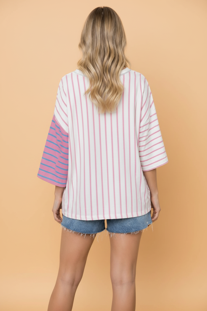 Stripe Colorblock 3/4 Sleeve Loose Tee