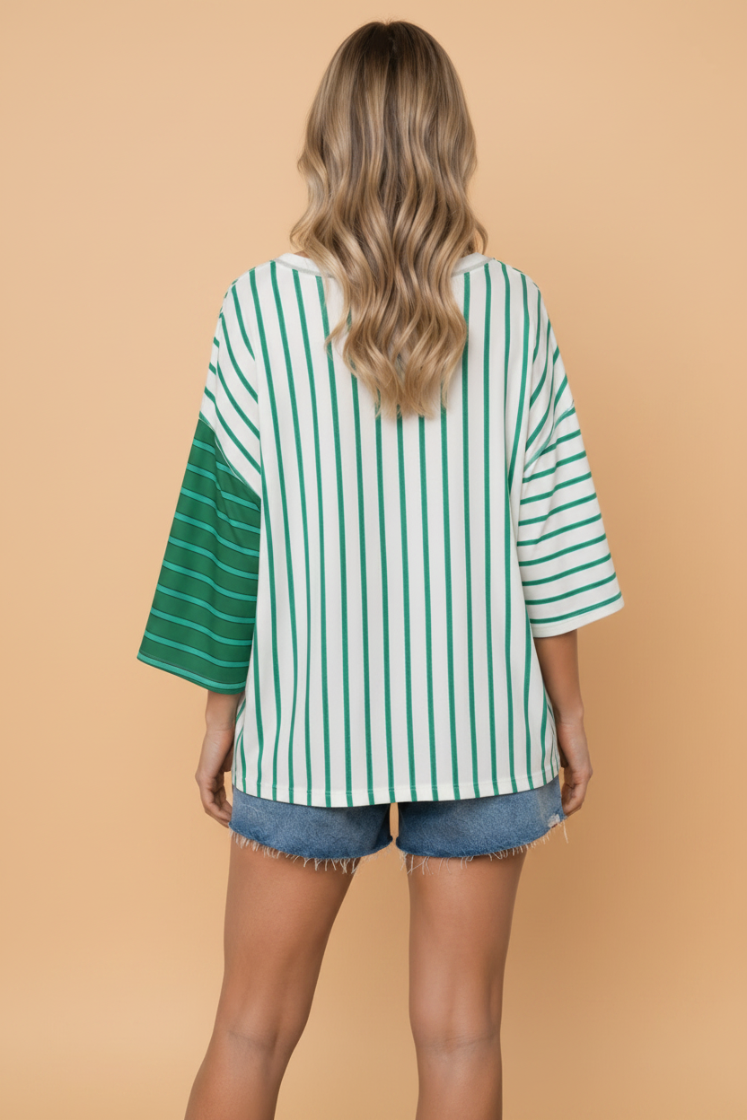 Stripe Colorblock 3/4 Sleeve Loose Tee