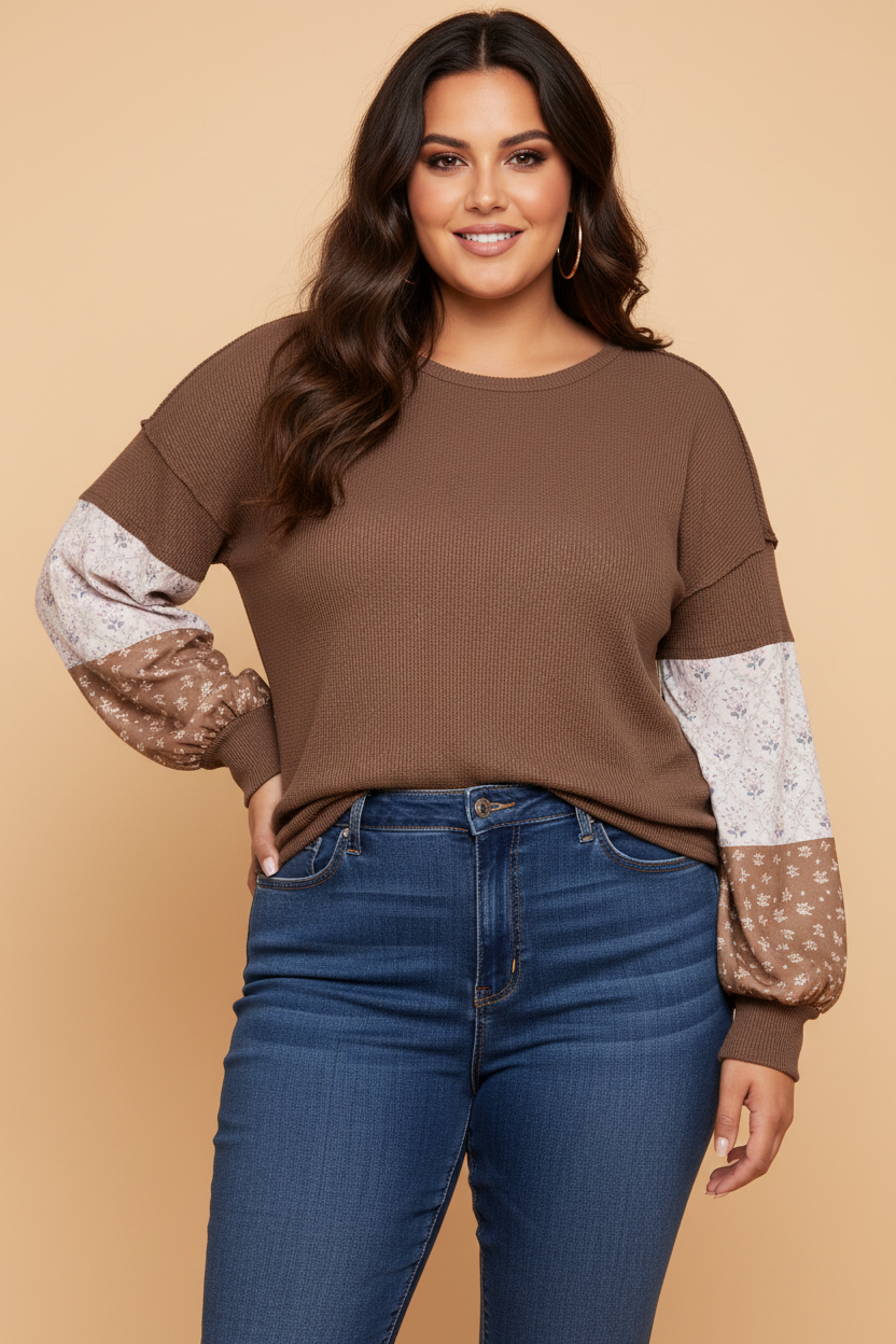 Plus Size Floral Patchwork Waffle Knit Long Sleeve Top