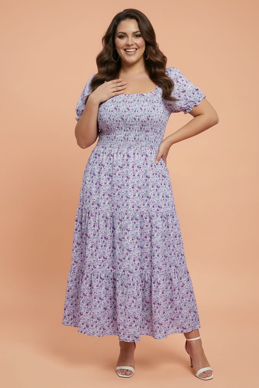 Plus Size Floral Smocked Square Neck Maxi Dress