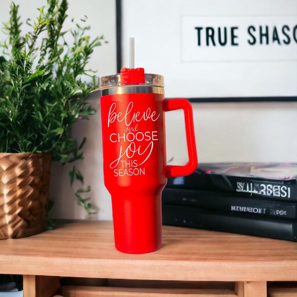 Believe Christmas Gifts, Believe Christmas quotes
40oz insulated Christmas tumbler - believe and choose joy red holiday cup
Double wall Christmas tumbler 40oz - believe and choose joy seasonal drinkware
