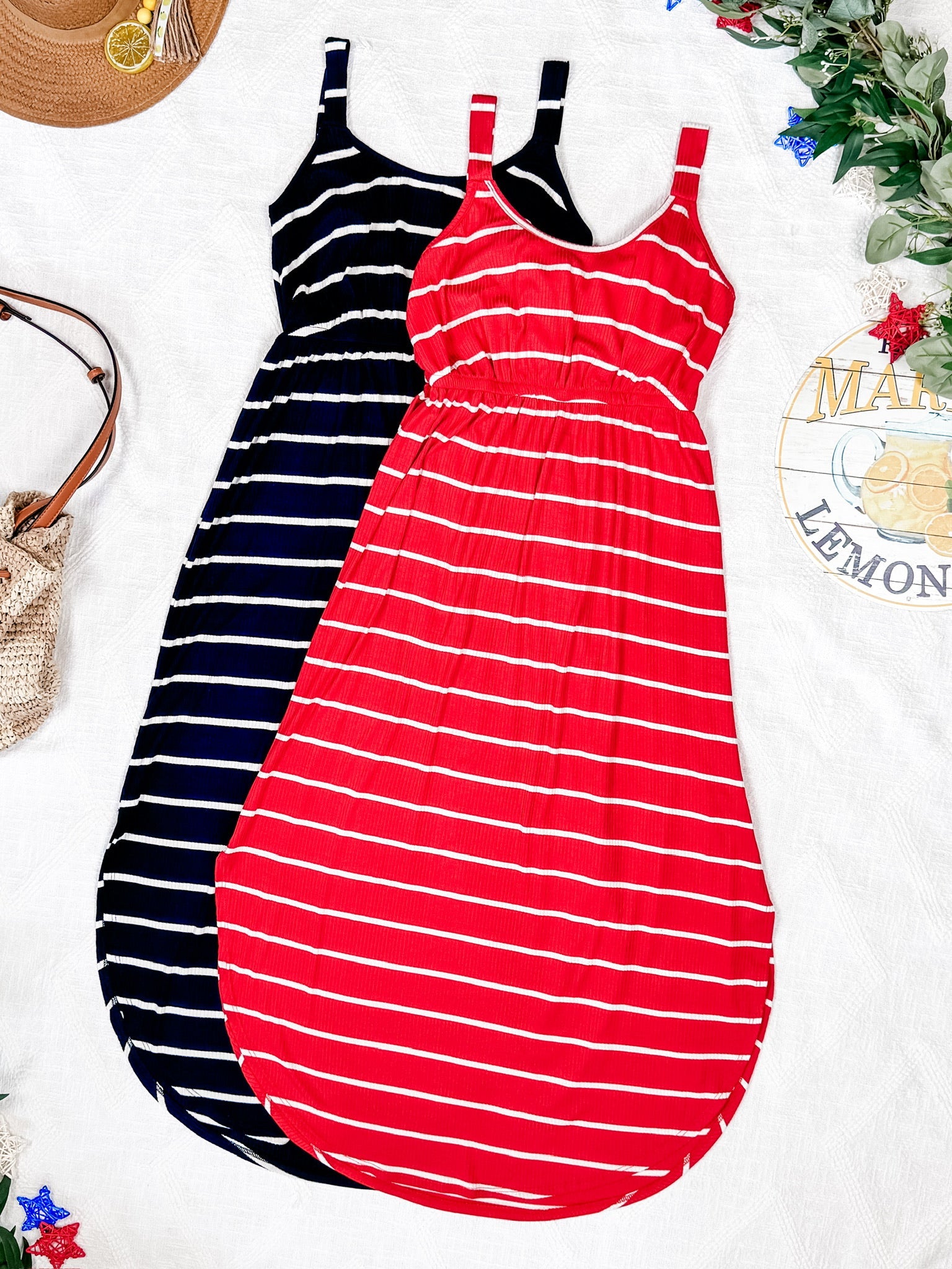 Reagan Ribbed Midi Dress - Red Stripes