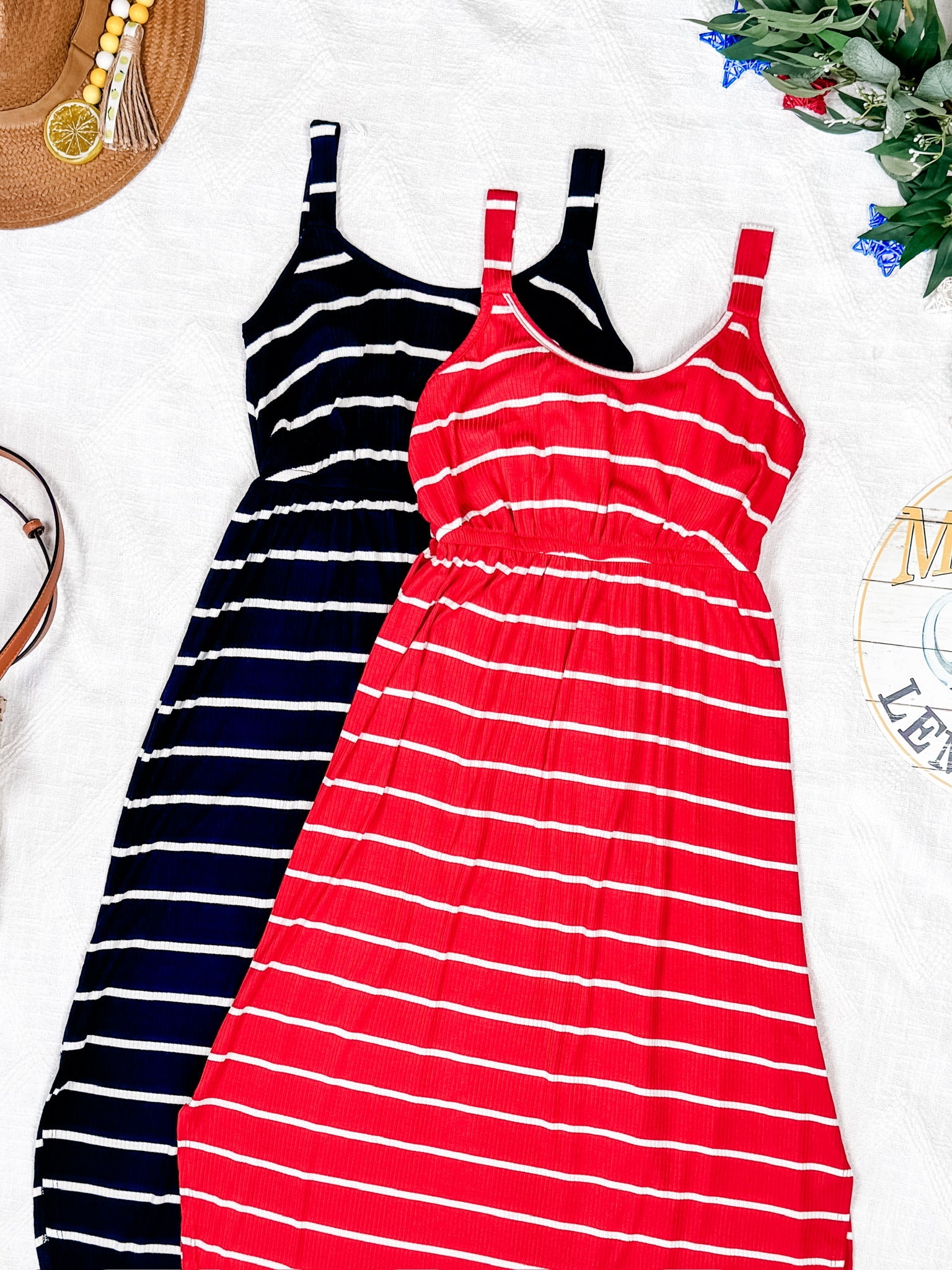 Reagan Ribbed Midi Dress - Red Stripes