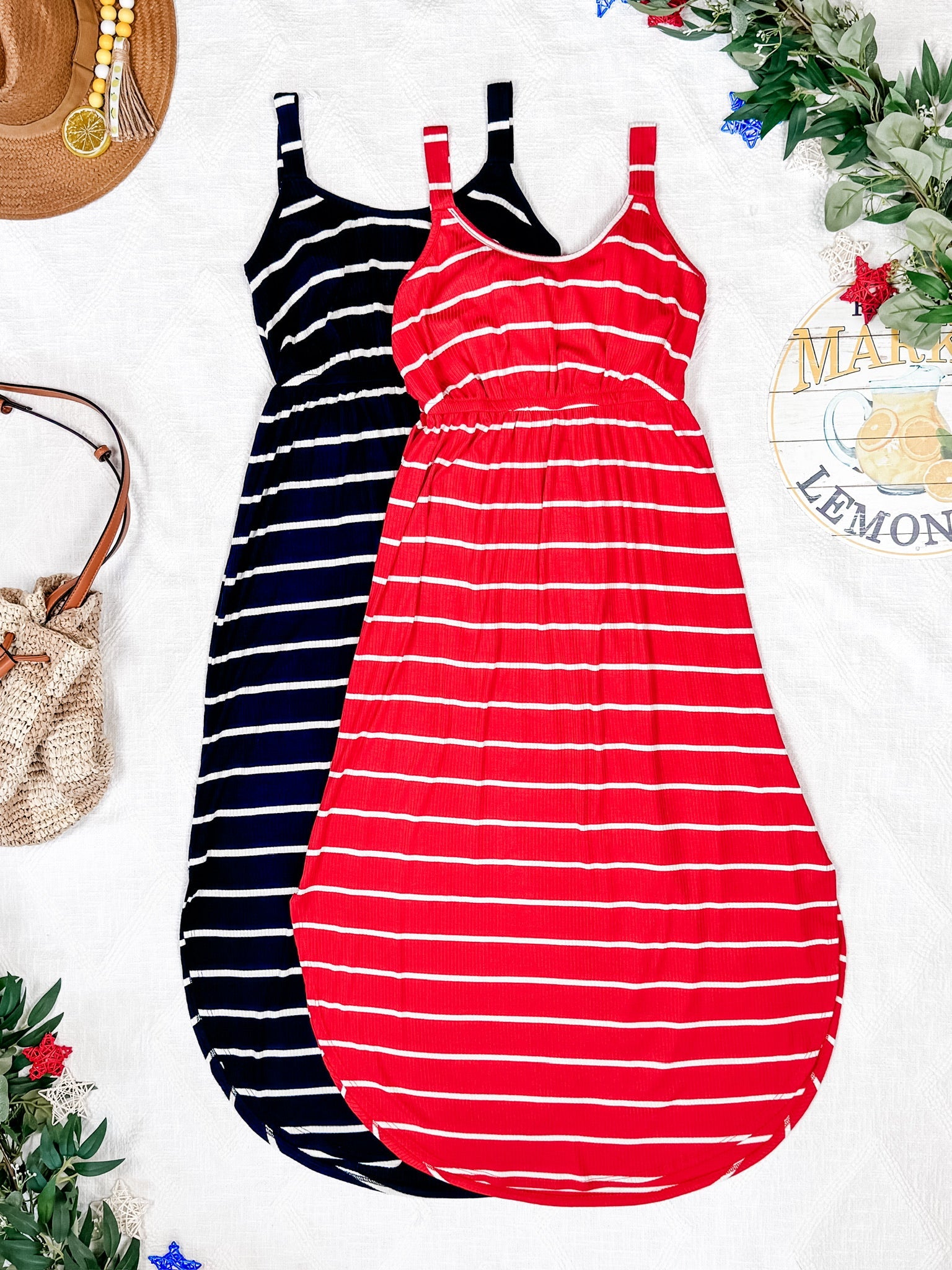 Reagan Ribbed Midi Dress - Red Stripes