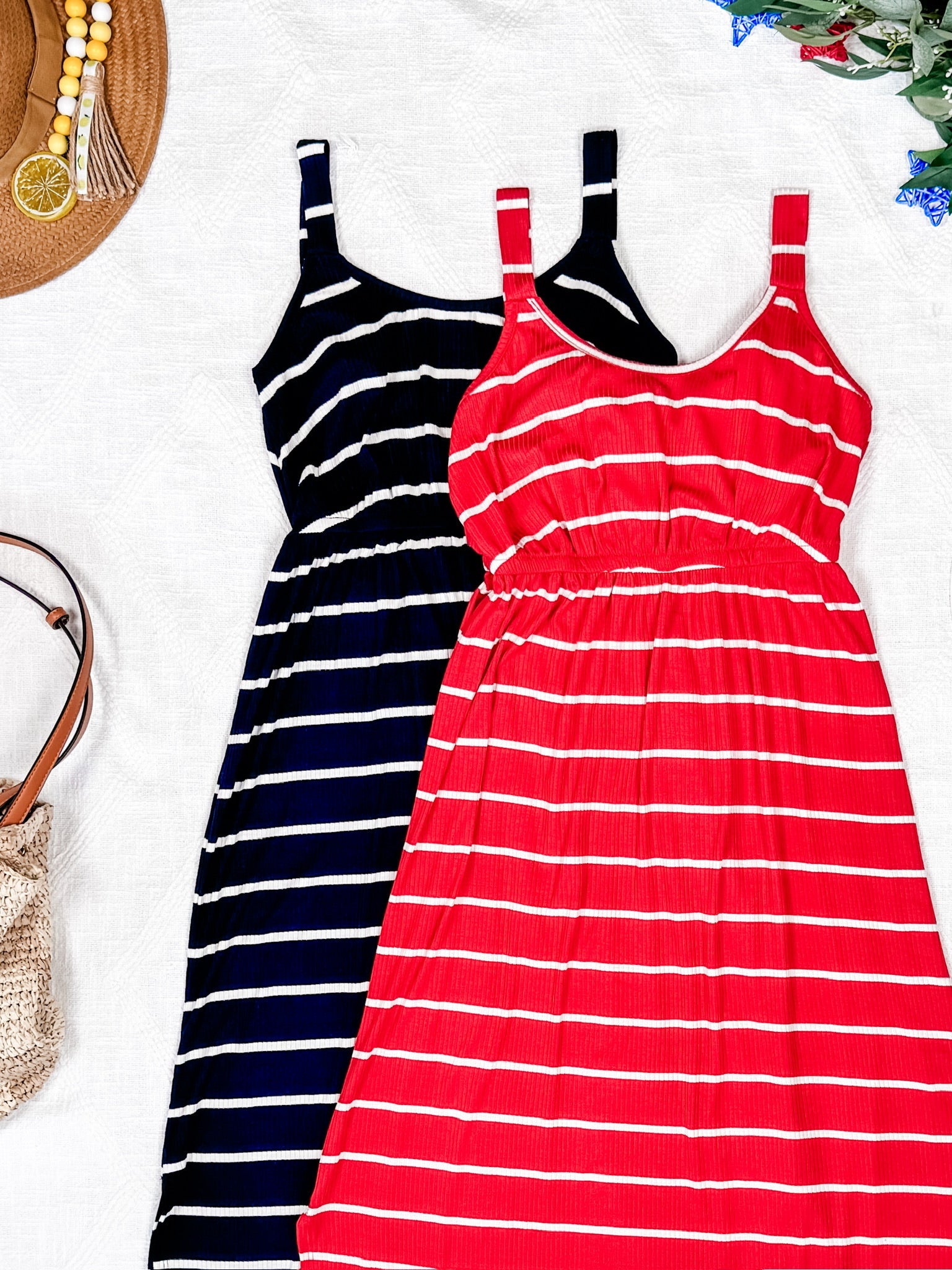 Reagan Ribbed Midi Dress - Red Stripes