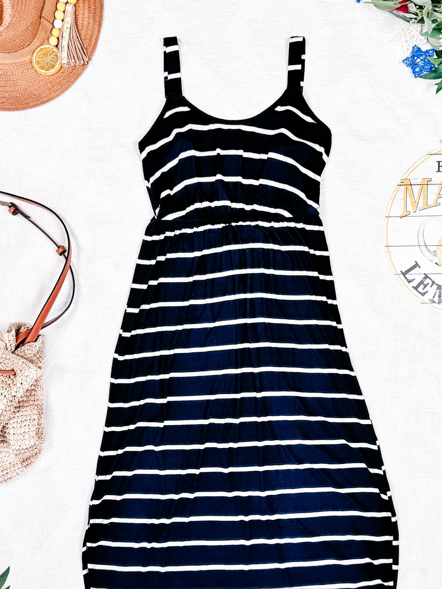 Reagan Ribbed Midi Dress - Midnight Navy Stripes