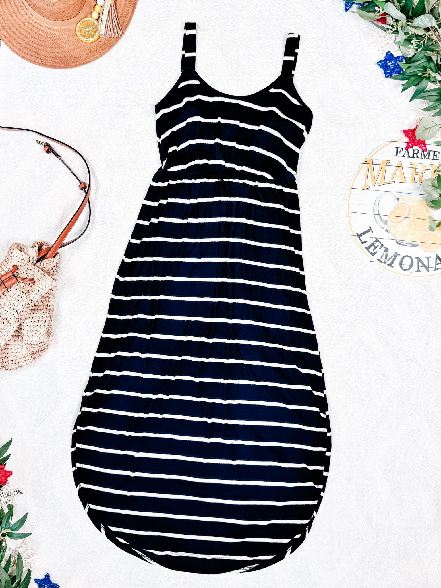 Reagan Ribbed Midi Dress - Midnight Navy Stripes