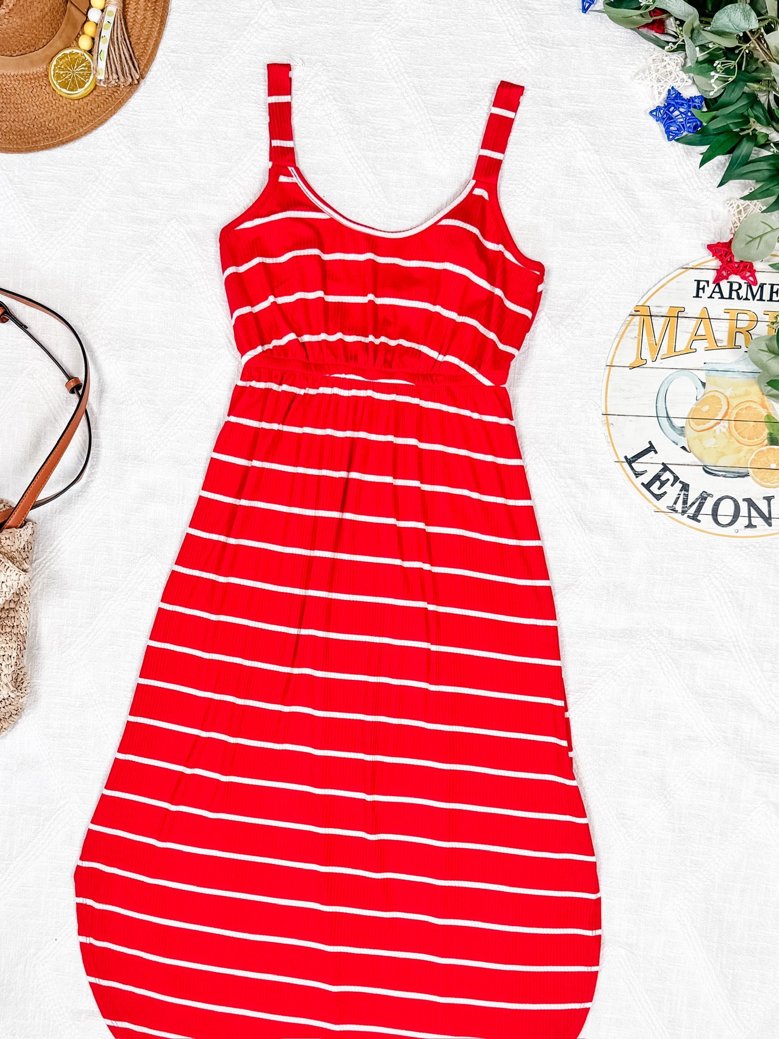 Reagan Ribbed Midi Dress - Red Stripes