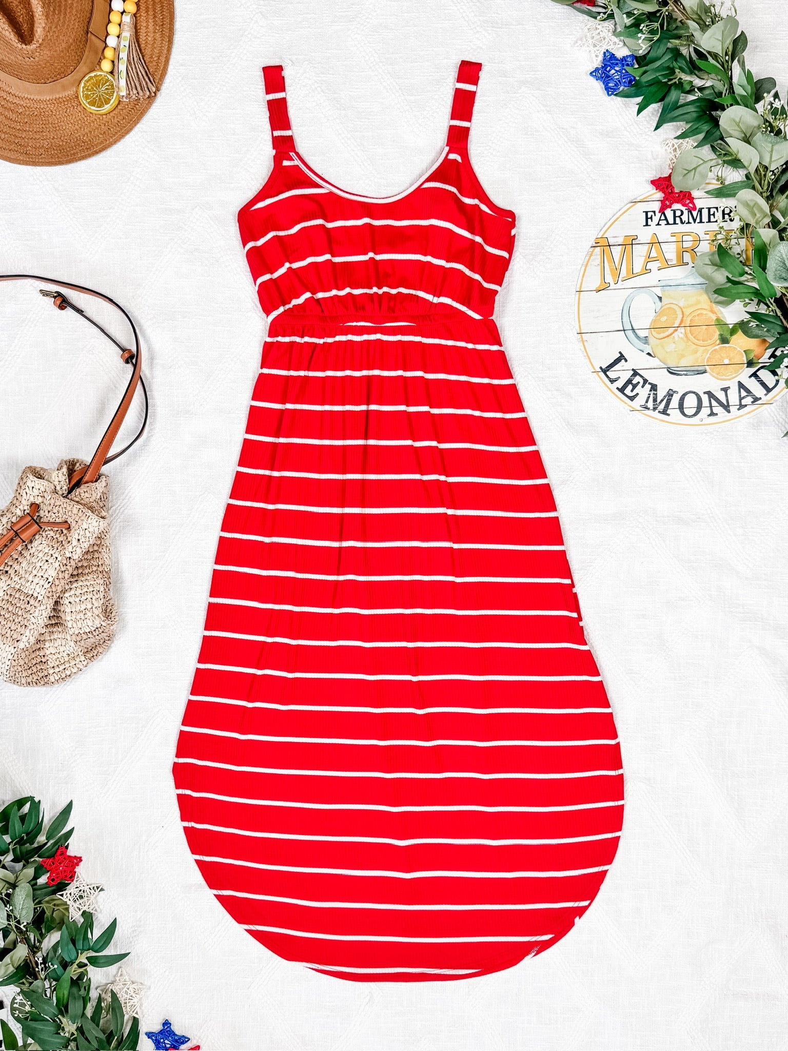 Reagan Ribbed Midi Dress - Red Stripes