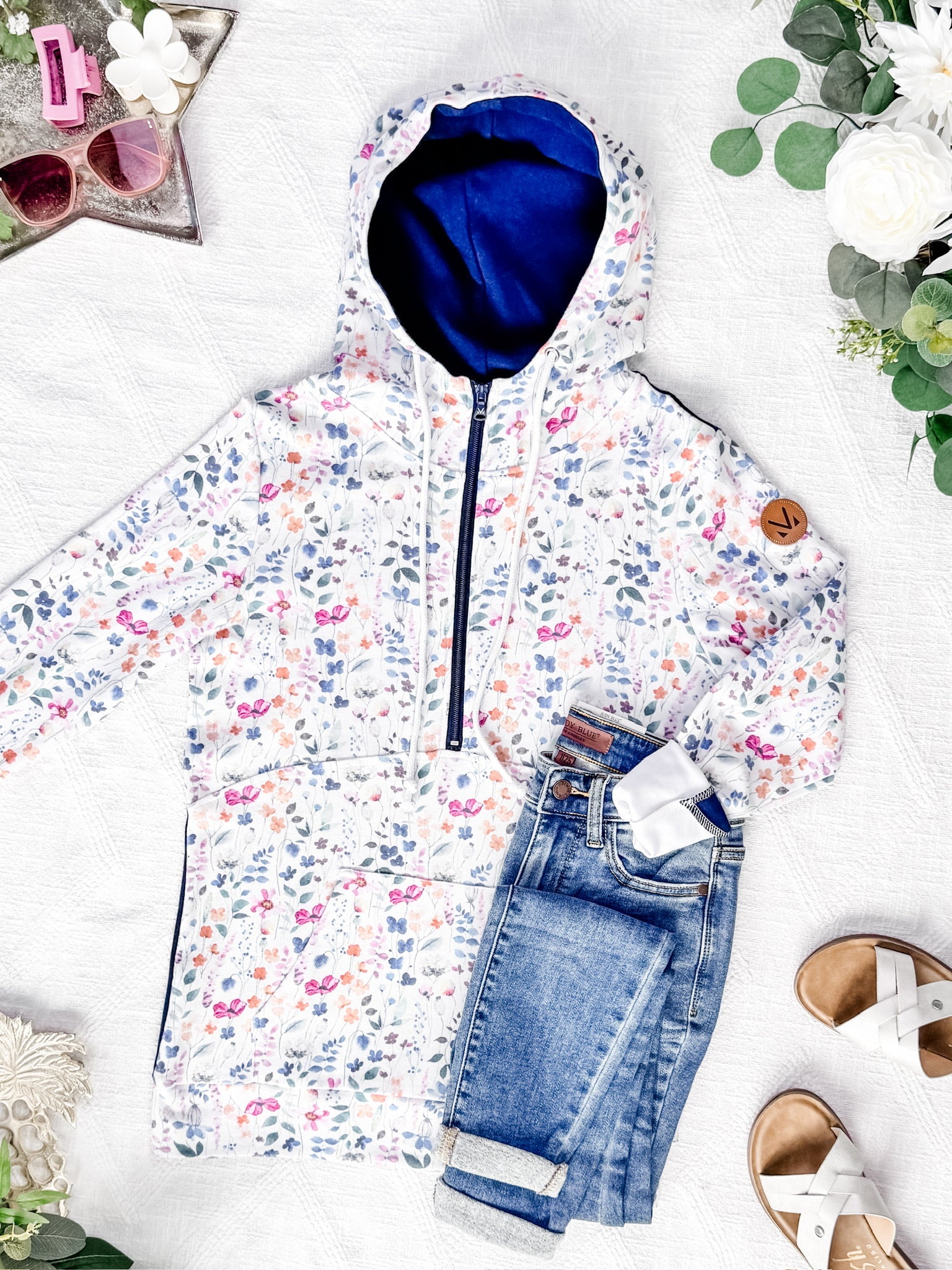 HalfZip Hoodie - Floral Paradise and Navy