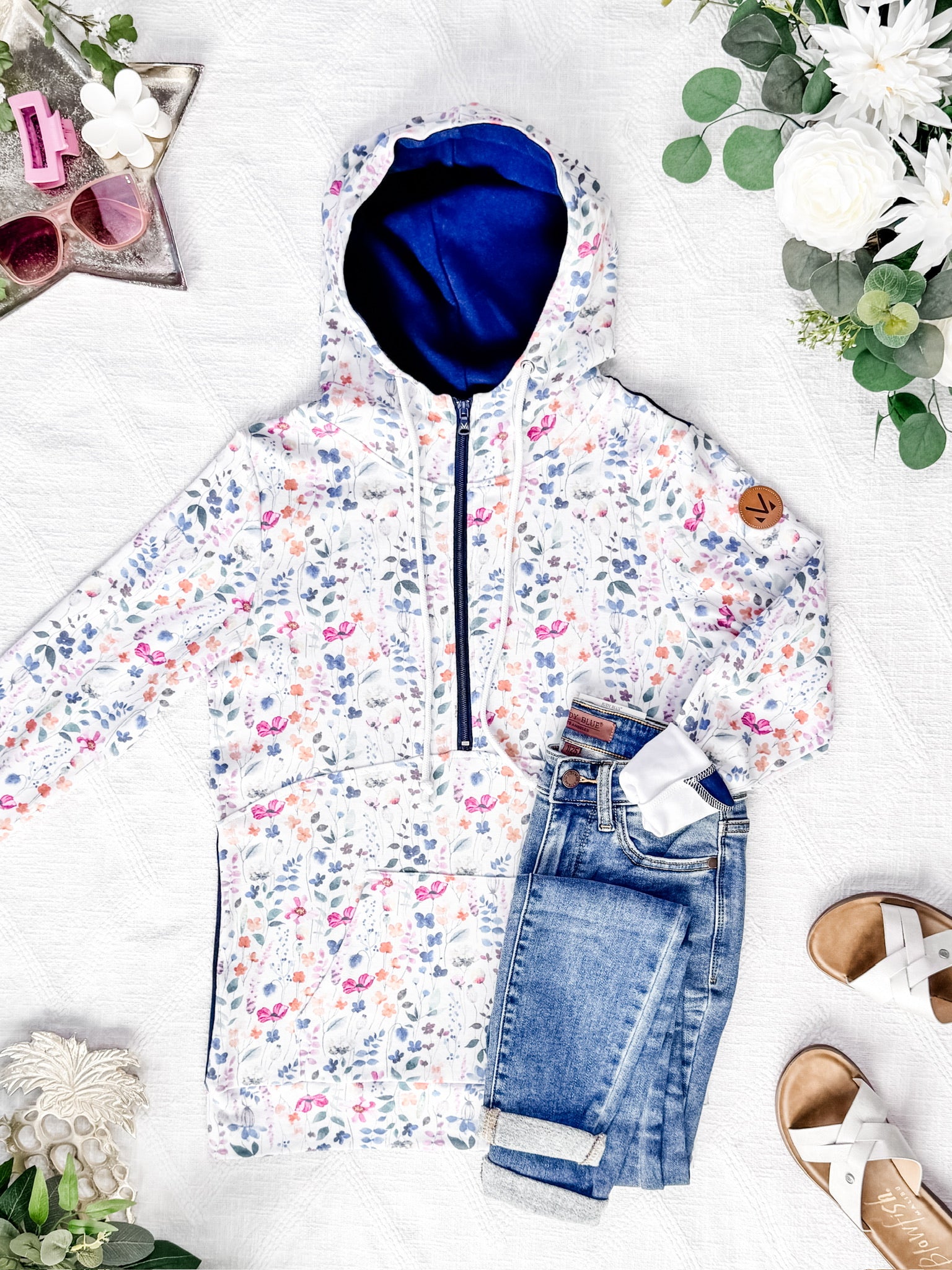 HalfZip Hoodie - Floral Paradise and Navy