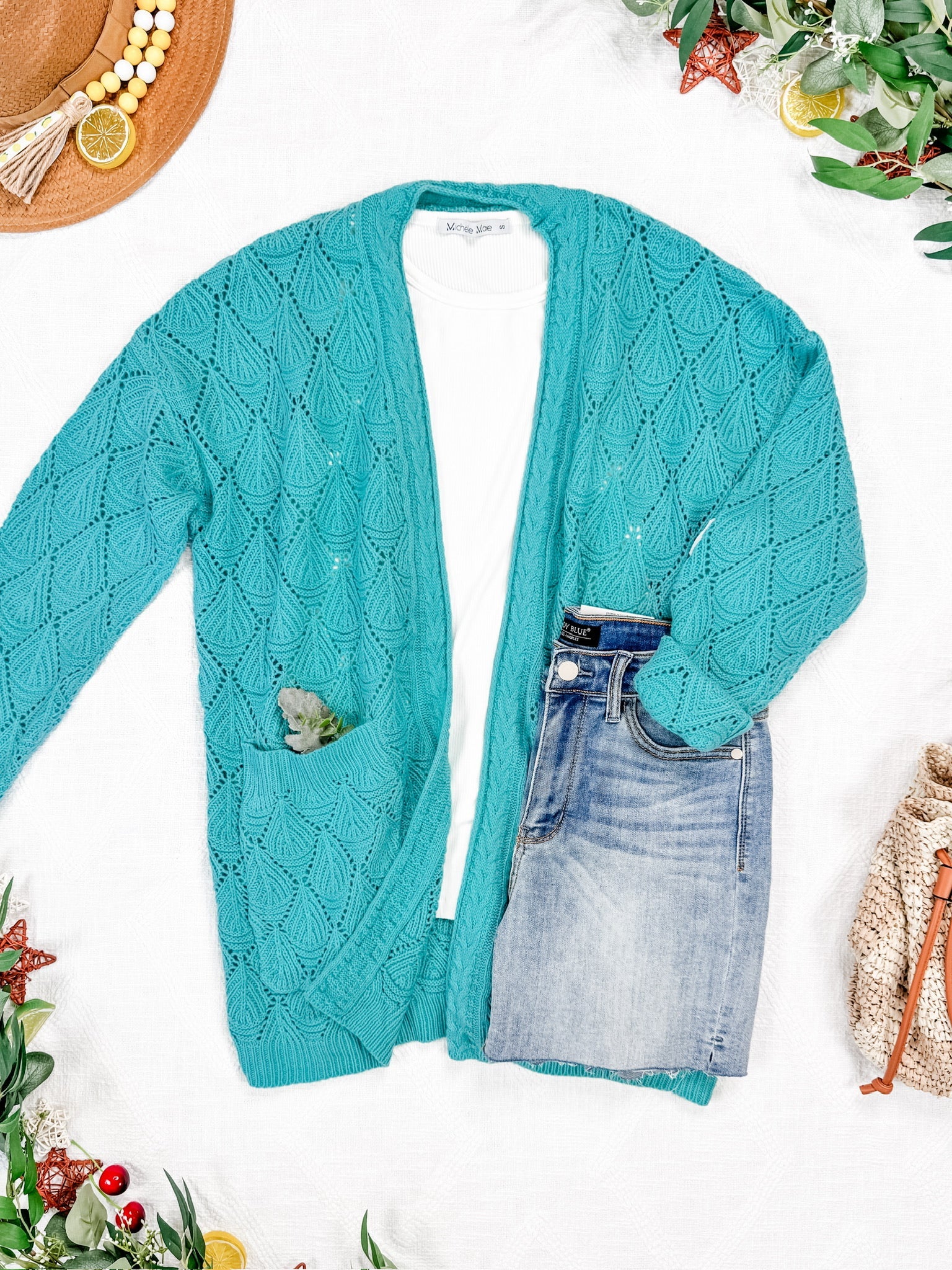 Open Knit Cardigan - Dusty Aqua